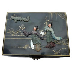 Chinese or Japanese Lacquer Jewelry Box Embellished with Carved Jade and MOP