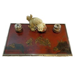 Chinese Lacquer Porcelain and Silver Inkwell