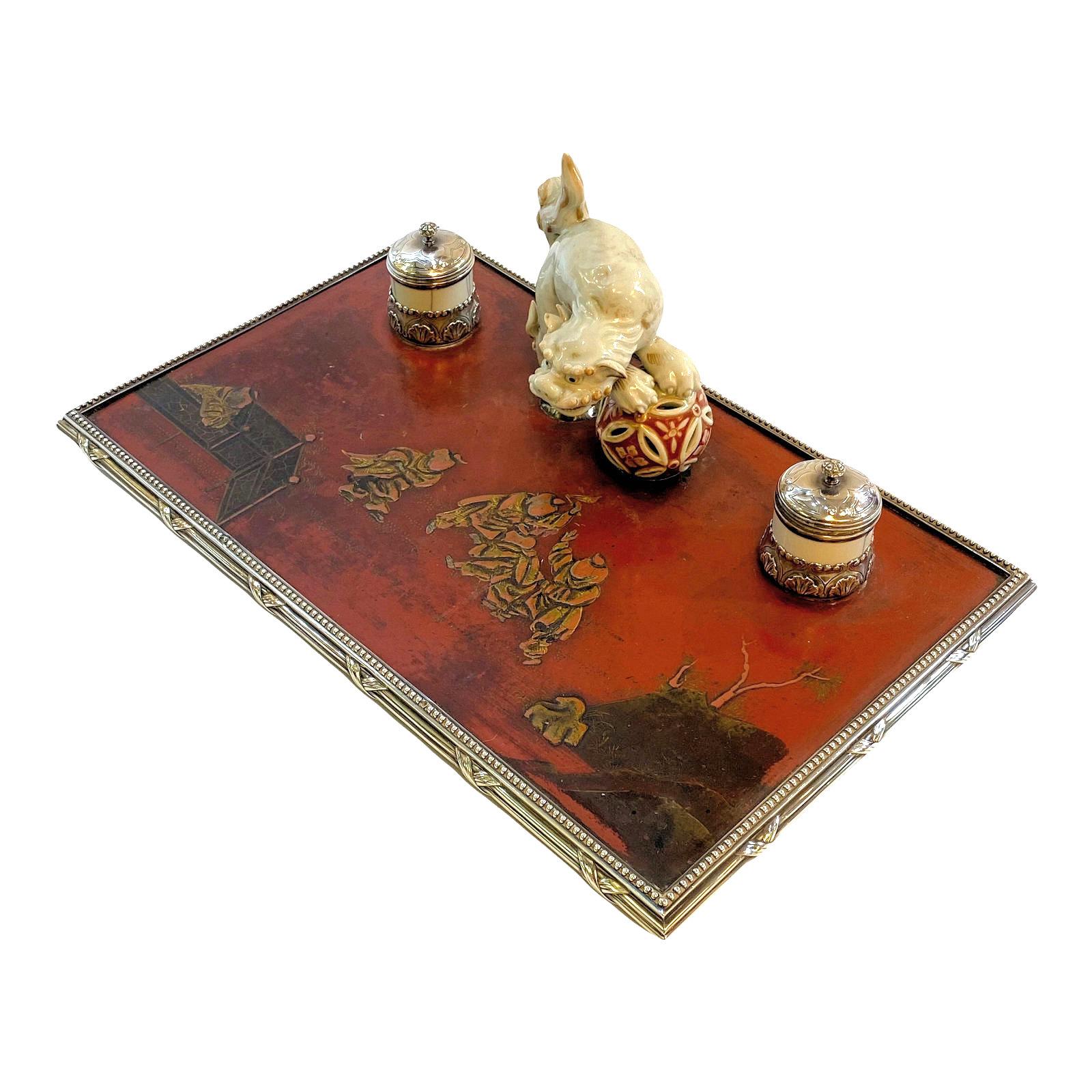 Qing Chinese Lacquer Porcelain and Silver Inkwell For Sale