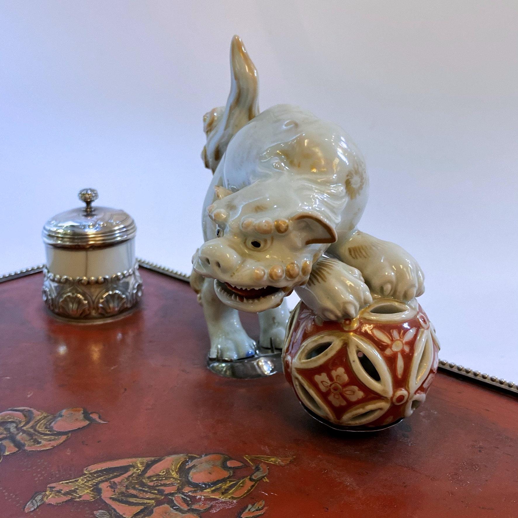19th Century Chinese Lacquer Porcelain and Silver Inkwell For Sale