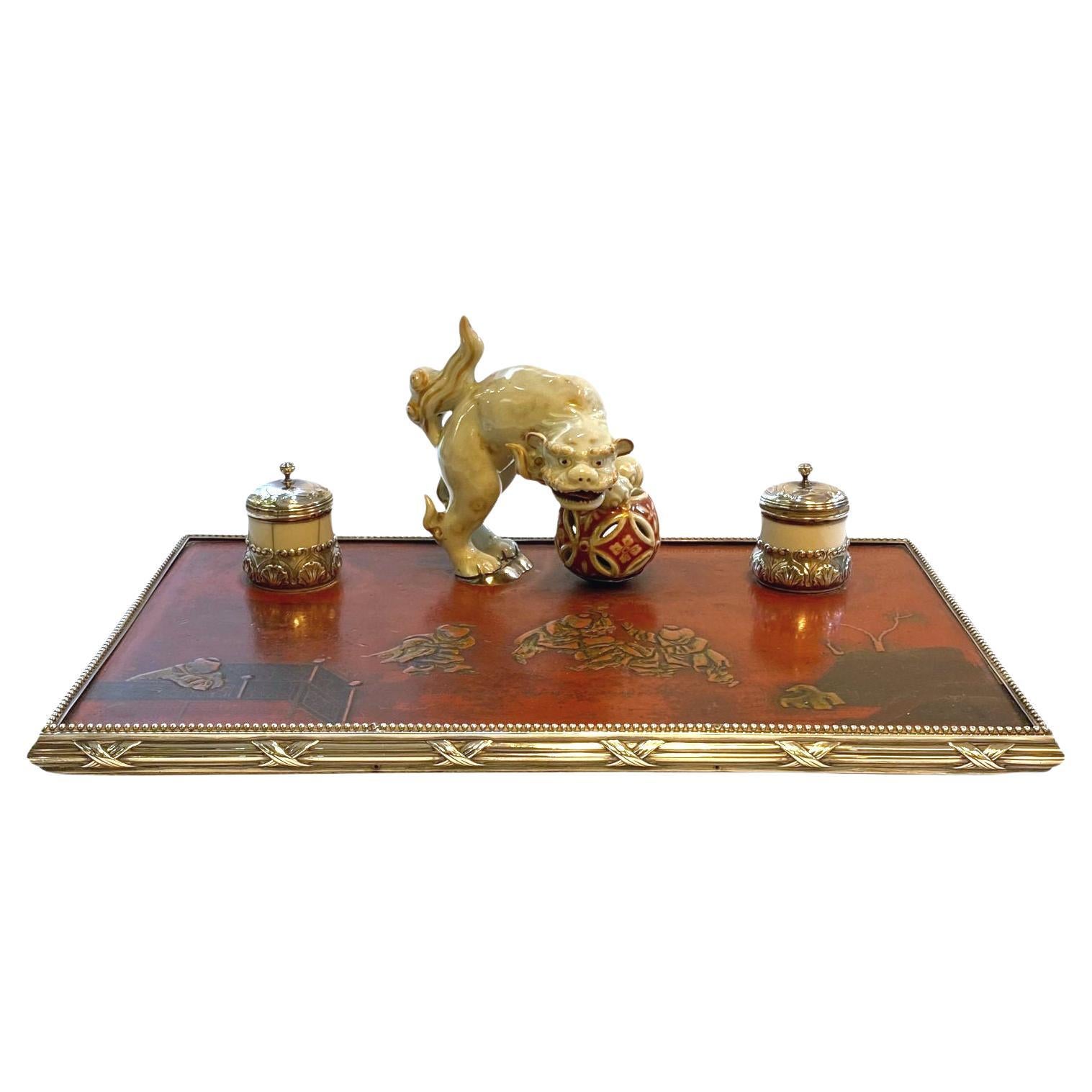 Chinese Lacquer Porcelain and Silver Inkwell For Sale