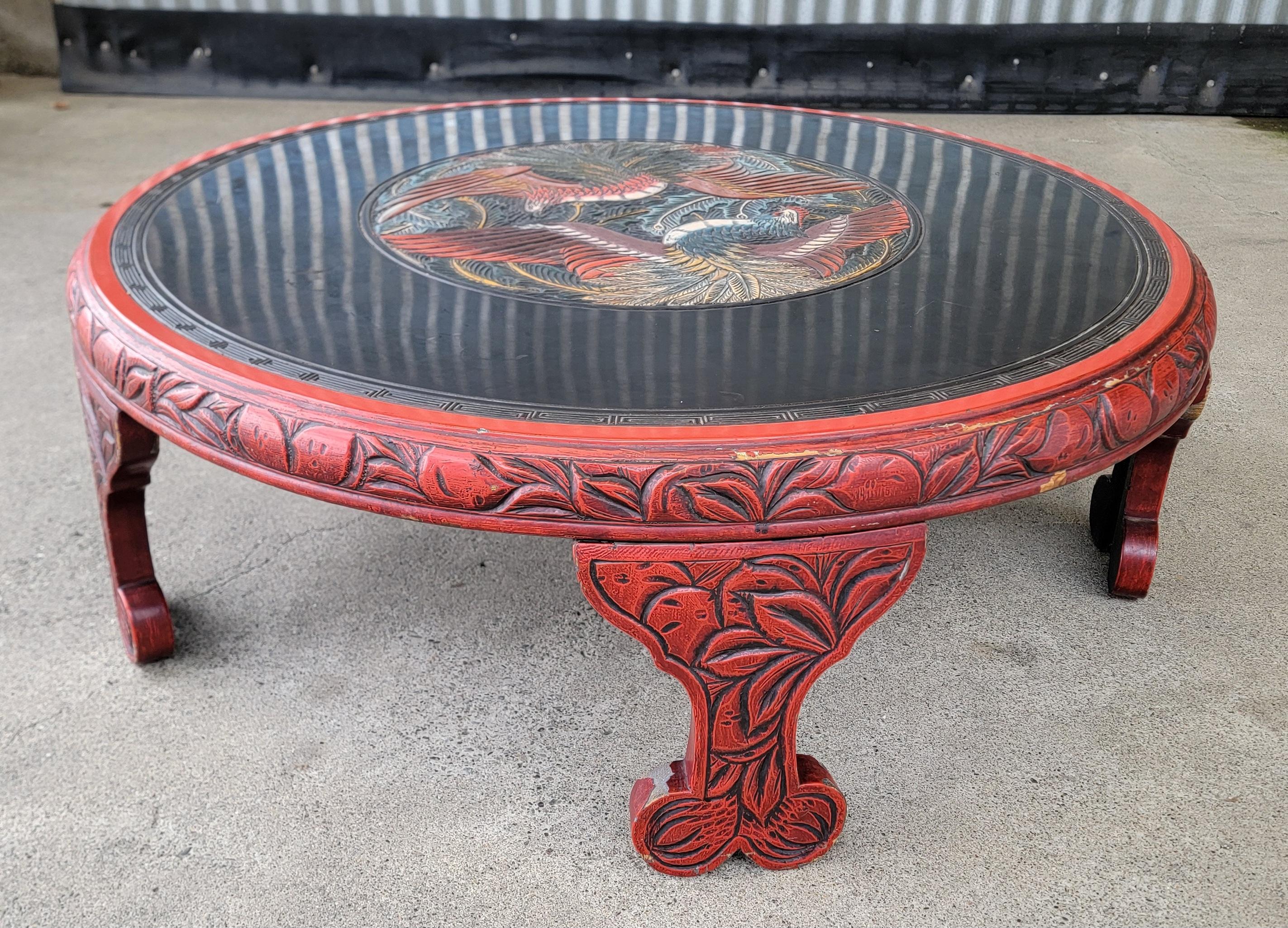 Table basse ronde en laque chinoise avec oiseaux 2