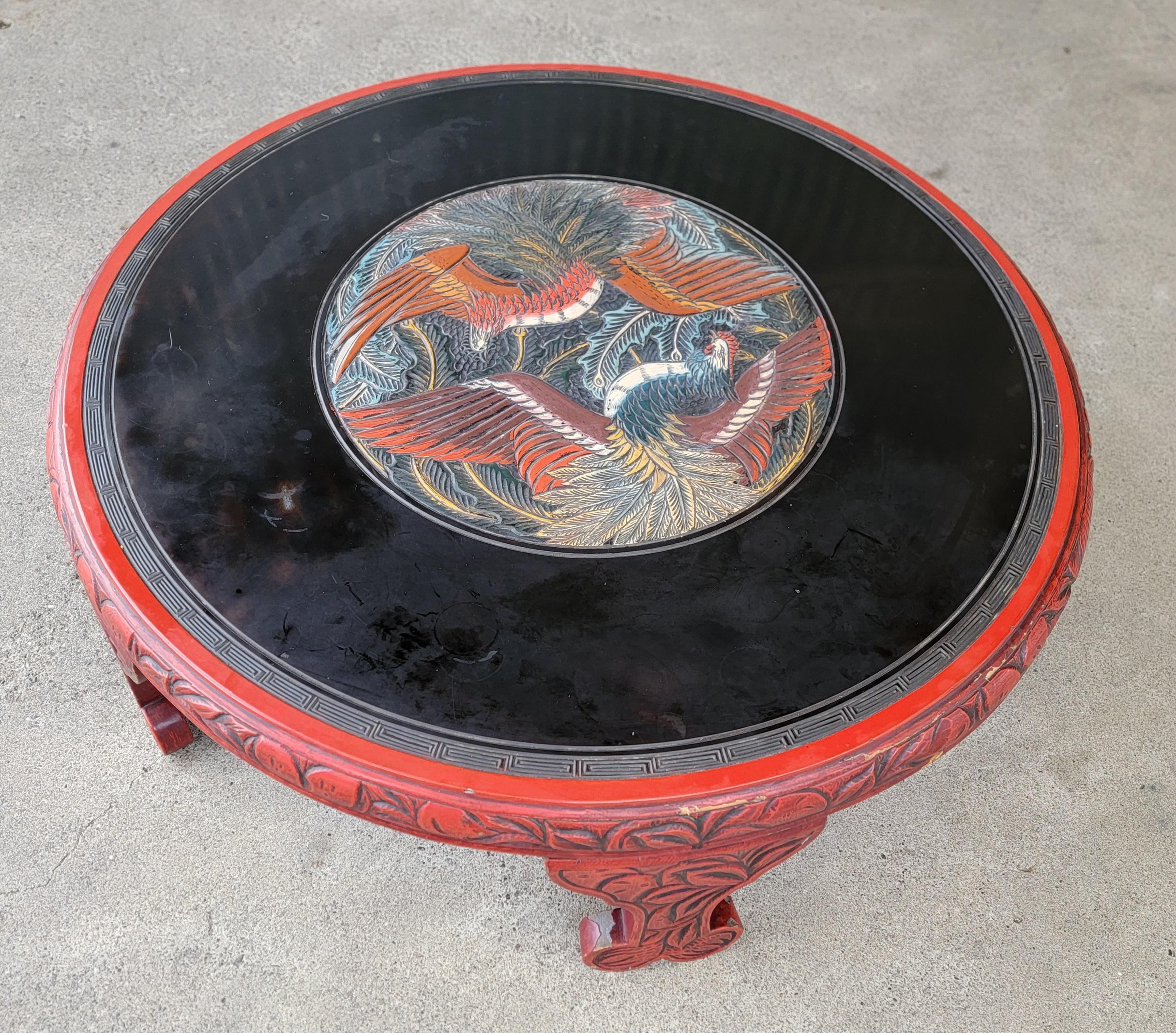 Laqué Table basse ronde en laque chinoise avec oiseaux