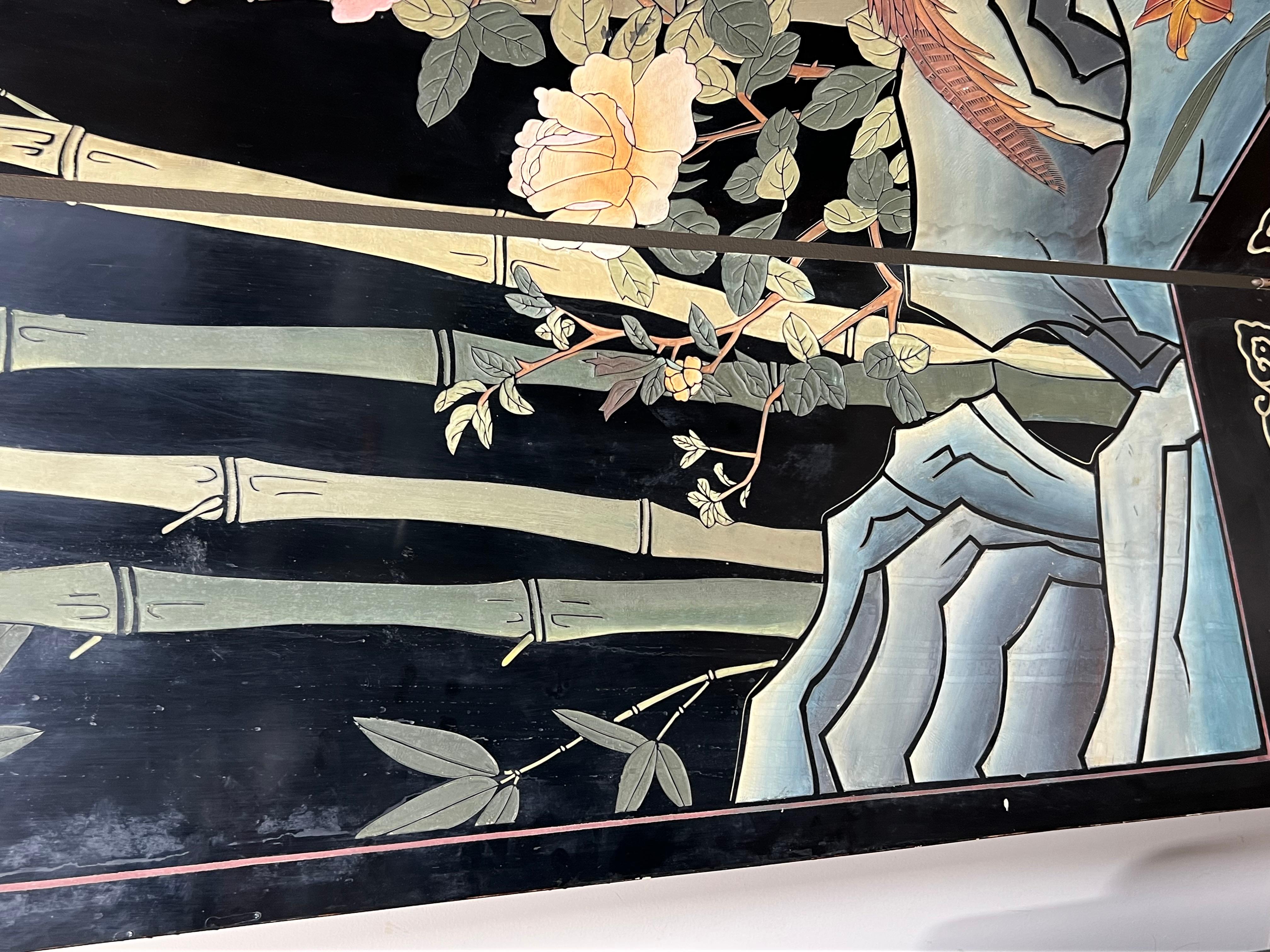 Paravent chinois en laque avec décorations d'oiseaux et de bambou Travail chinois. en vente 7