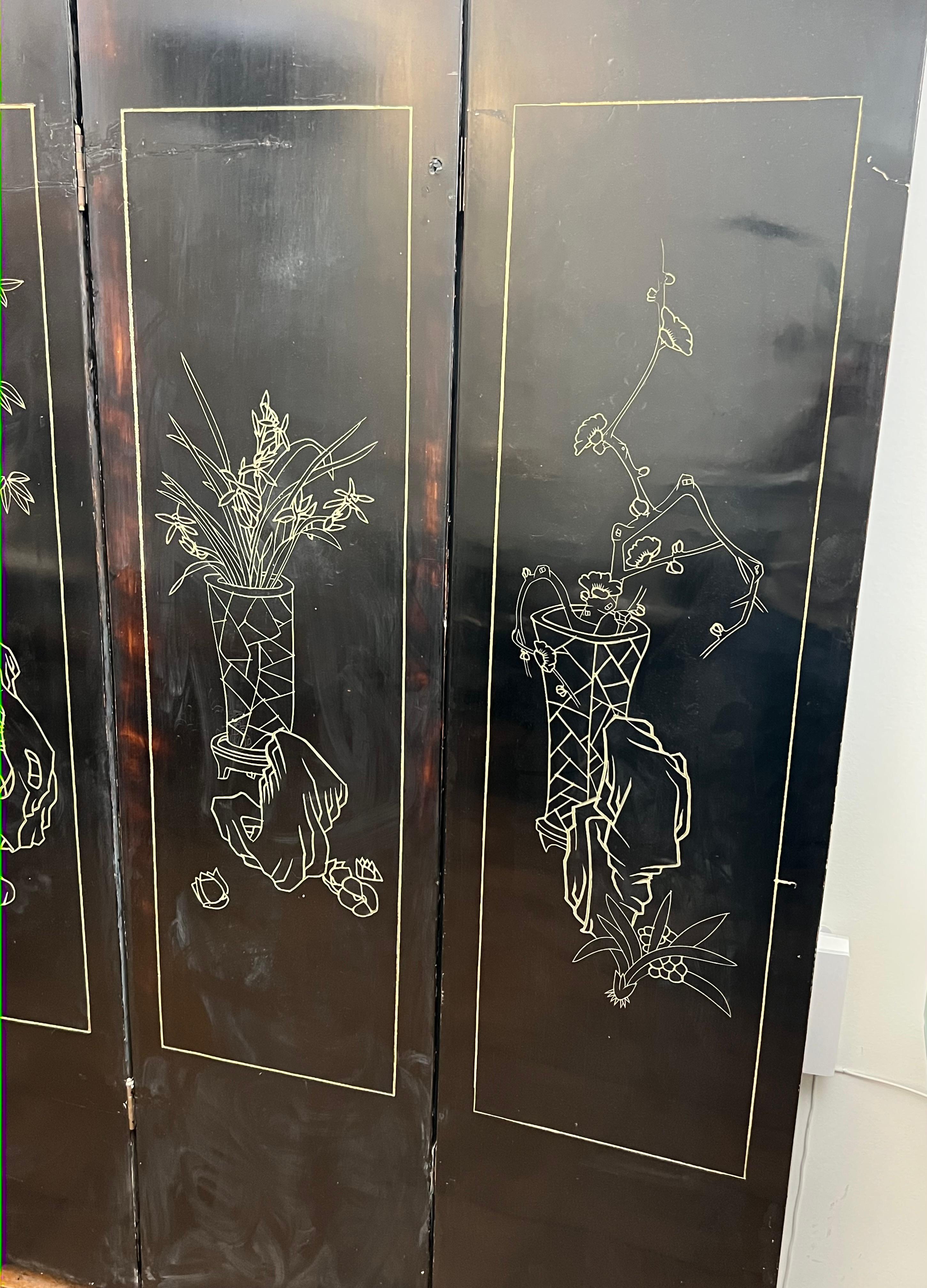 Paravent chinois en laque avec décorations d'oiseaux et de bambou Travail chinois. en vente 12
