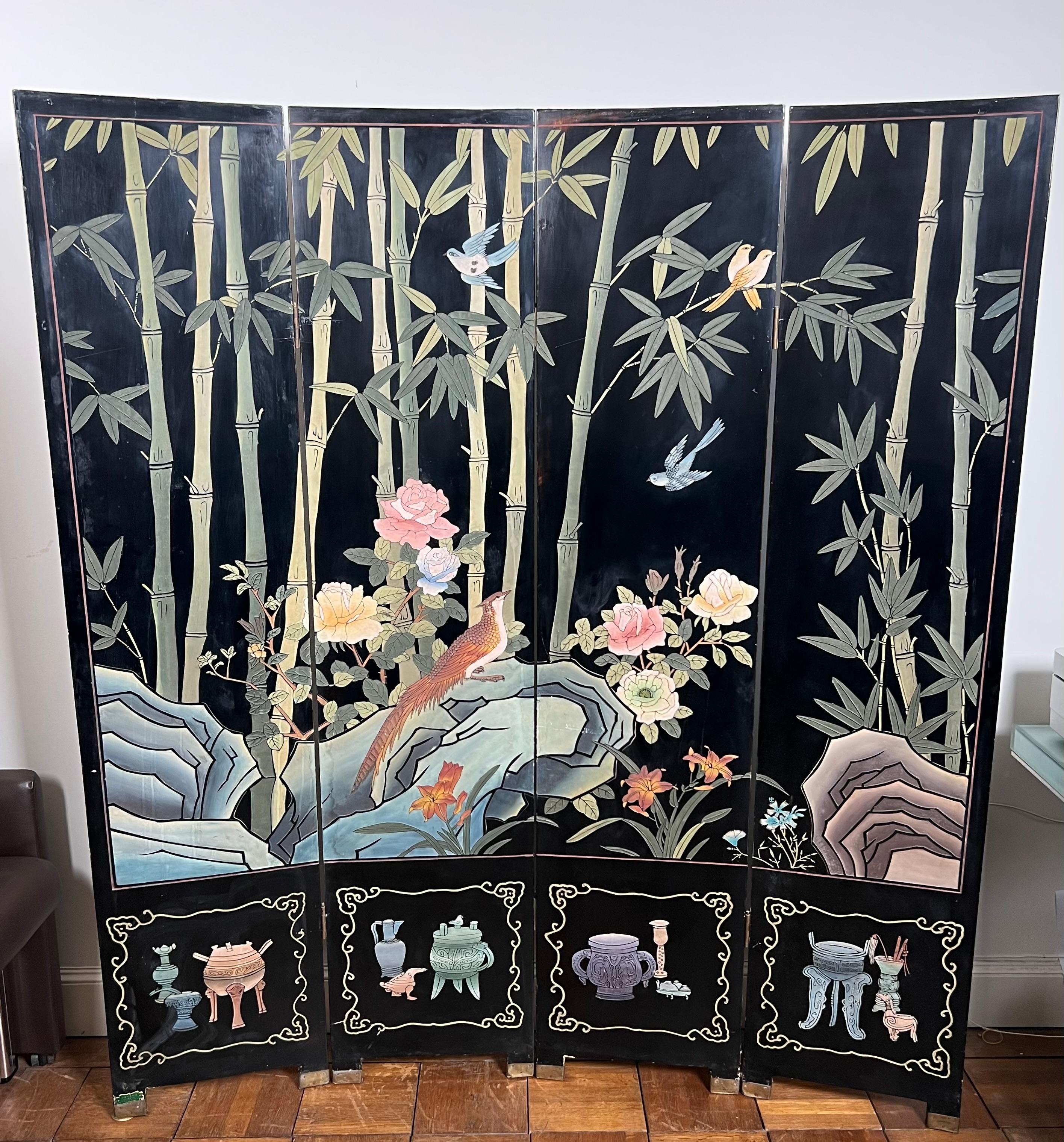 Paravent chinois en laque avec décorations d'oiseaux et de bambou Travail chinois. en vente 13