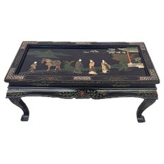 Chinese Lacquer Tea Coffee Table Inlaid Mother of Pearl Soapstone