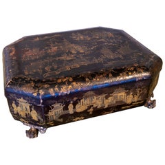 Chinese Lacquered and Gilded Wooden Box with Costumbrist Scenes and Lion's Paws