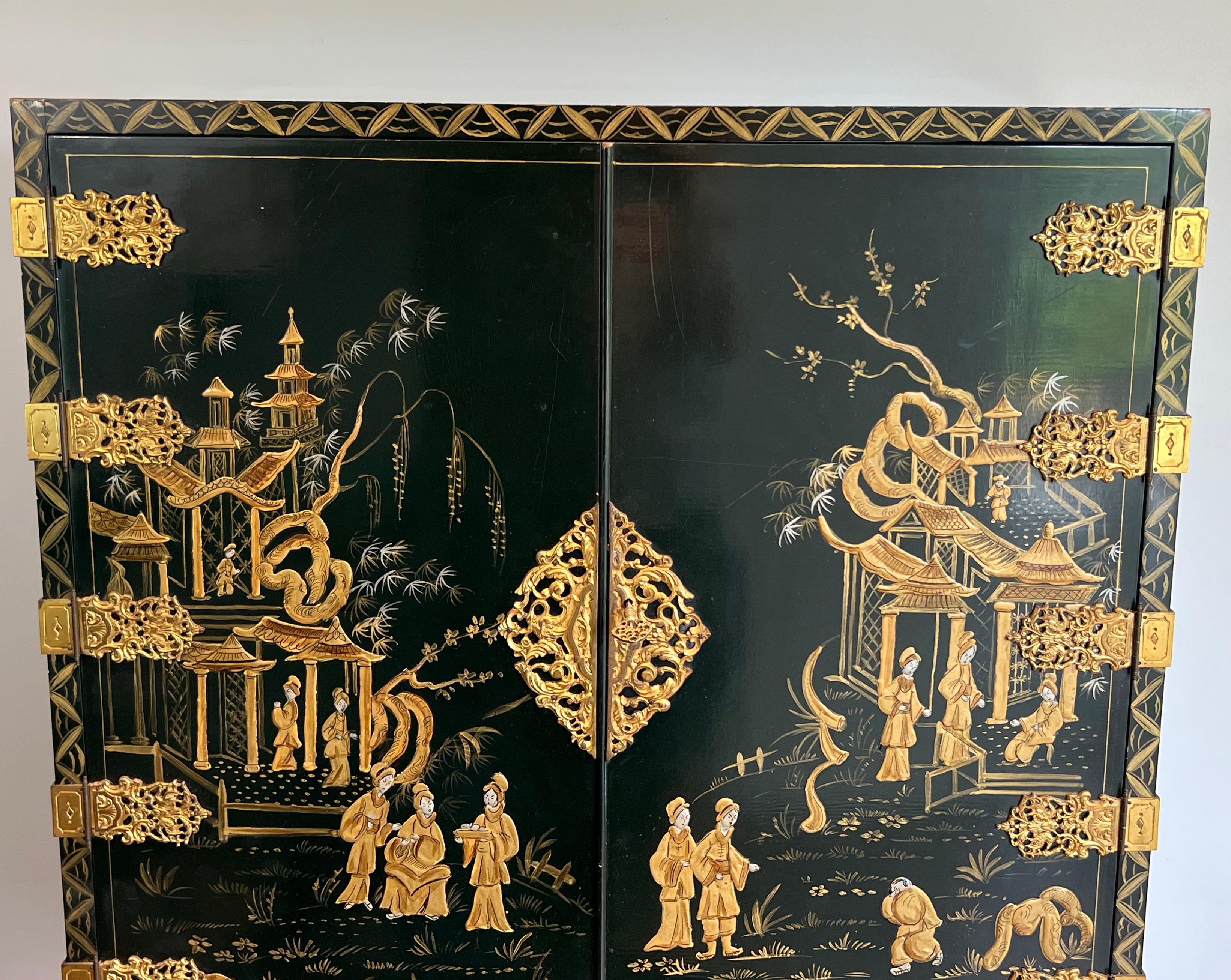 Wood Chinese Lacquered and Gilt Cabinet For Sale
