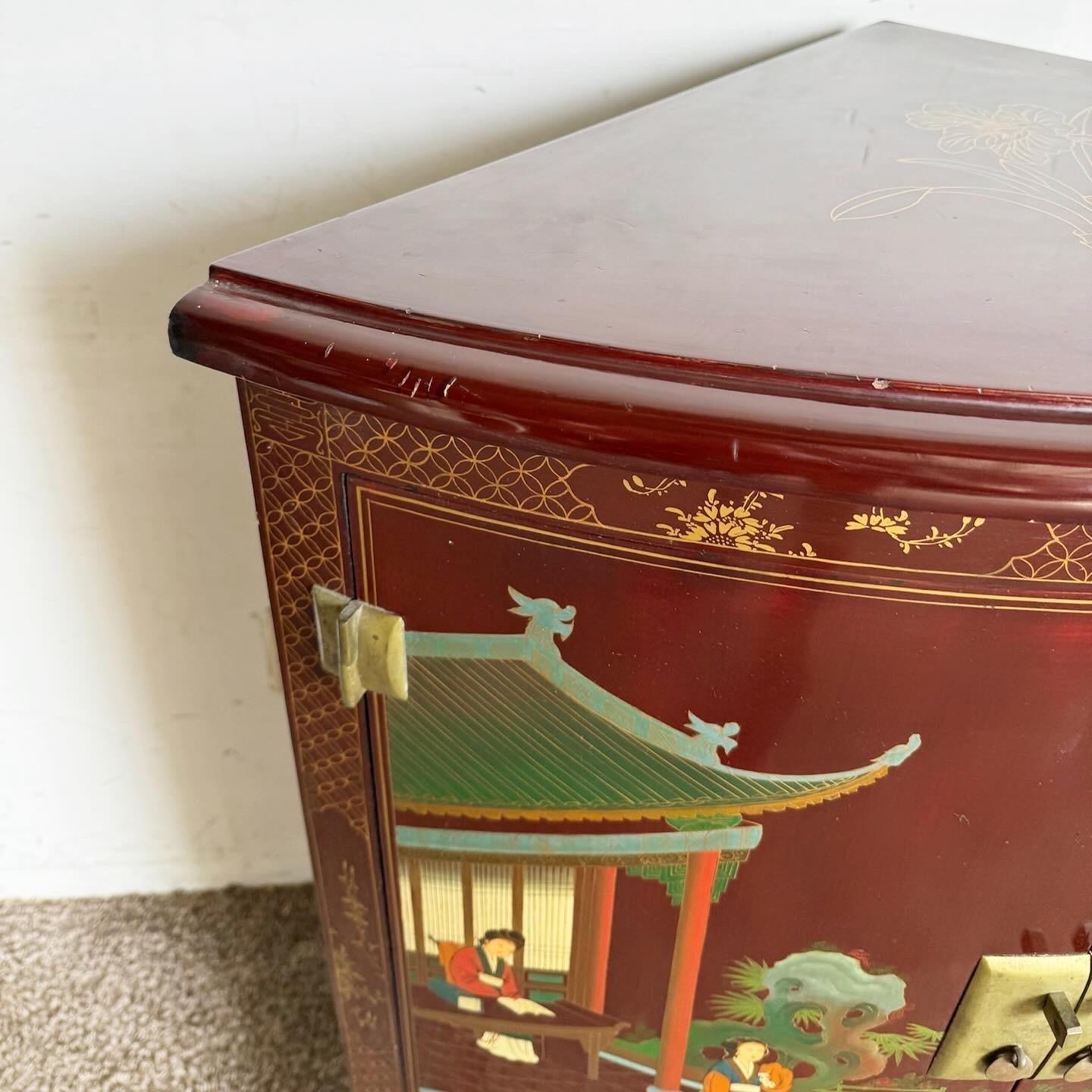 Chinese Lacquered and Hand Painted Demi Lune Cabinet/Side Table 5