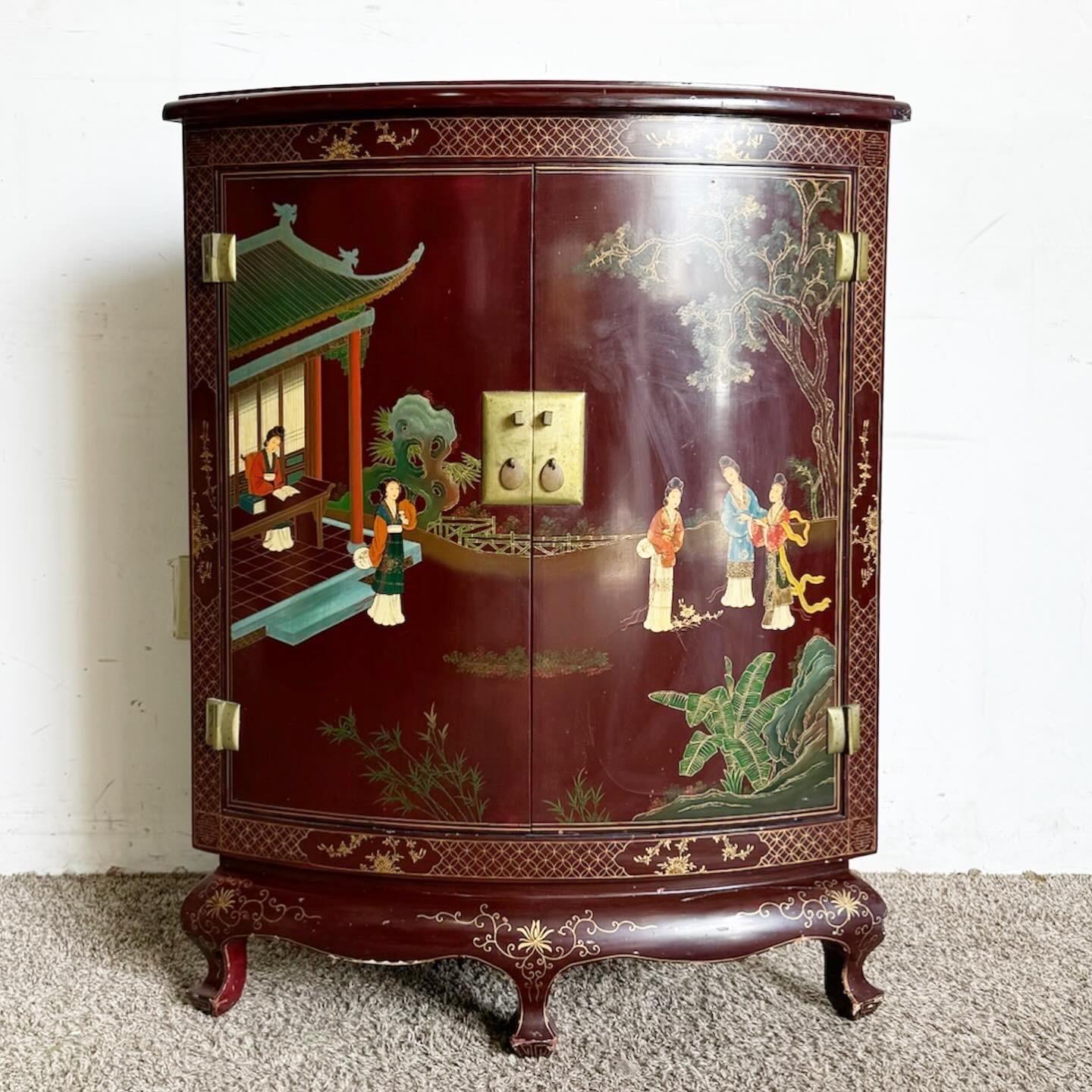 Chinese Lacquered and Hand Painted Demi Lune Cabinet/Side Table In Good Condition In Delray Beach, FL