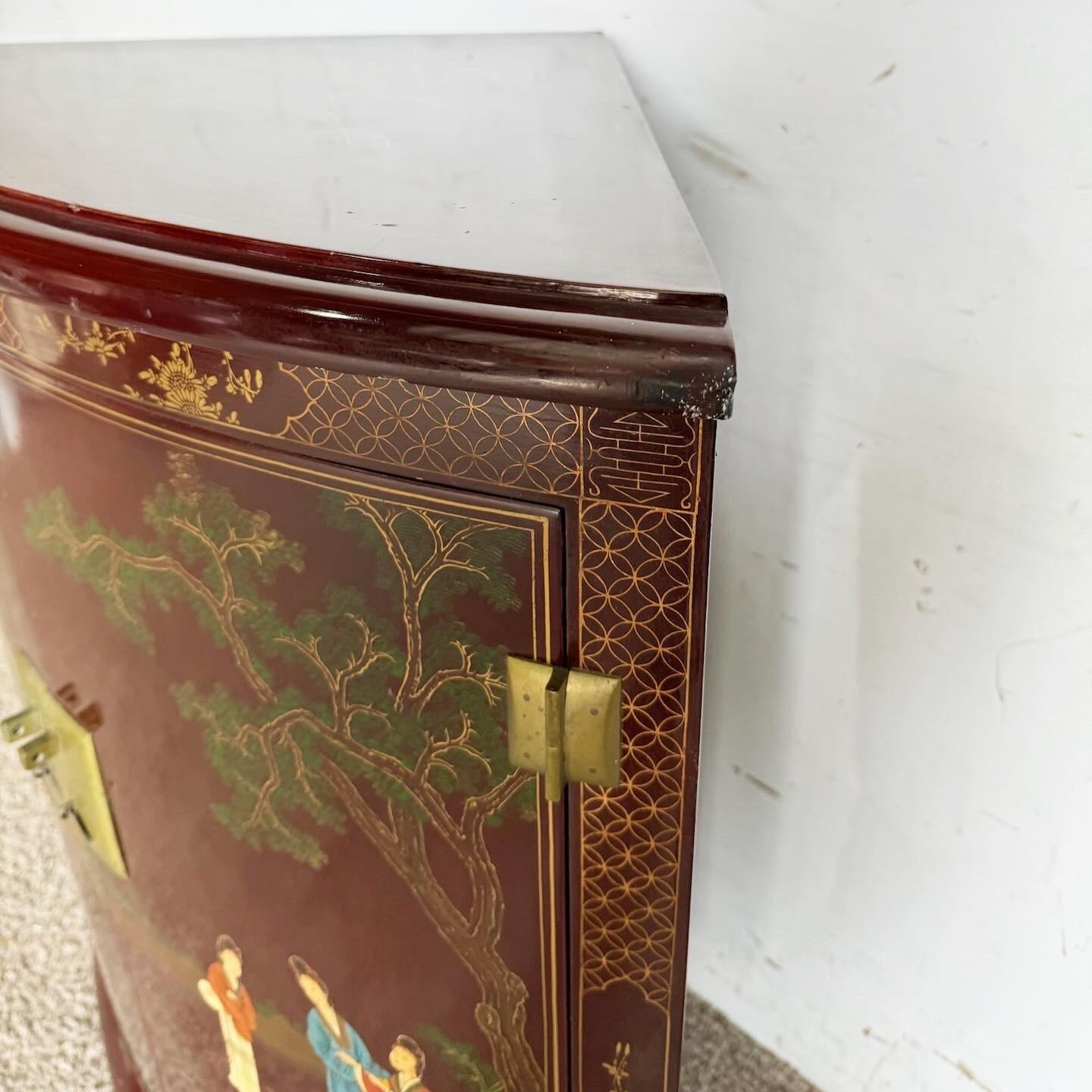 Late 20th Century Chinese Lacquered and Hand Painted Demi Lune Cabinet/Side Table