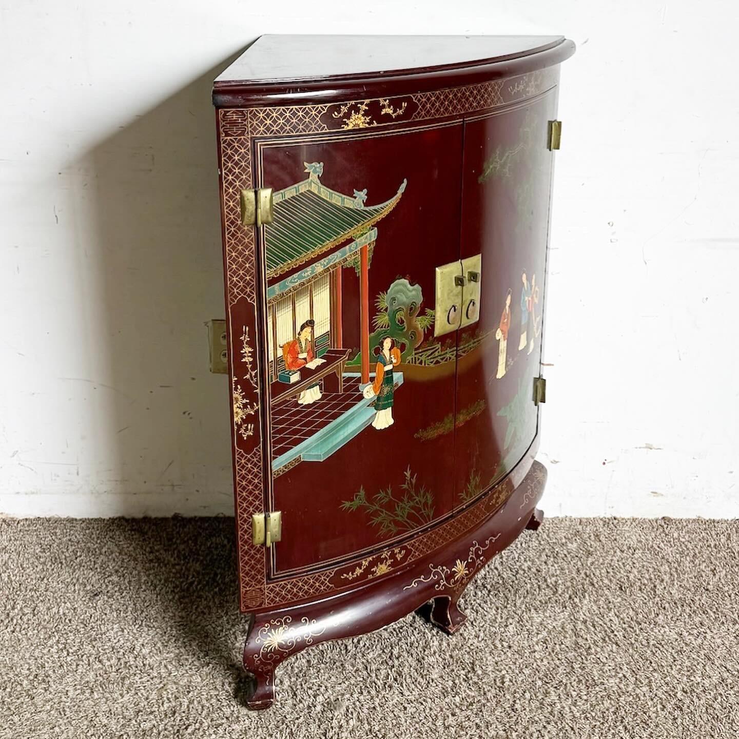 Wood Chinese Lacquered and Hand Painted Demi Lune Cabinet/Side Table