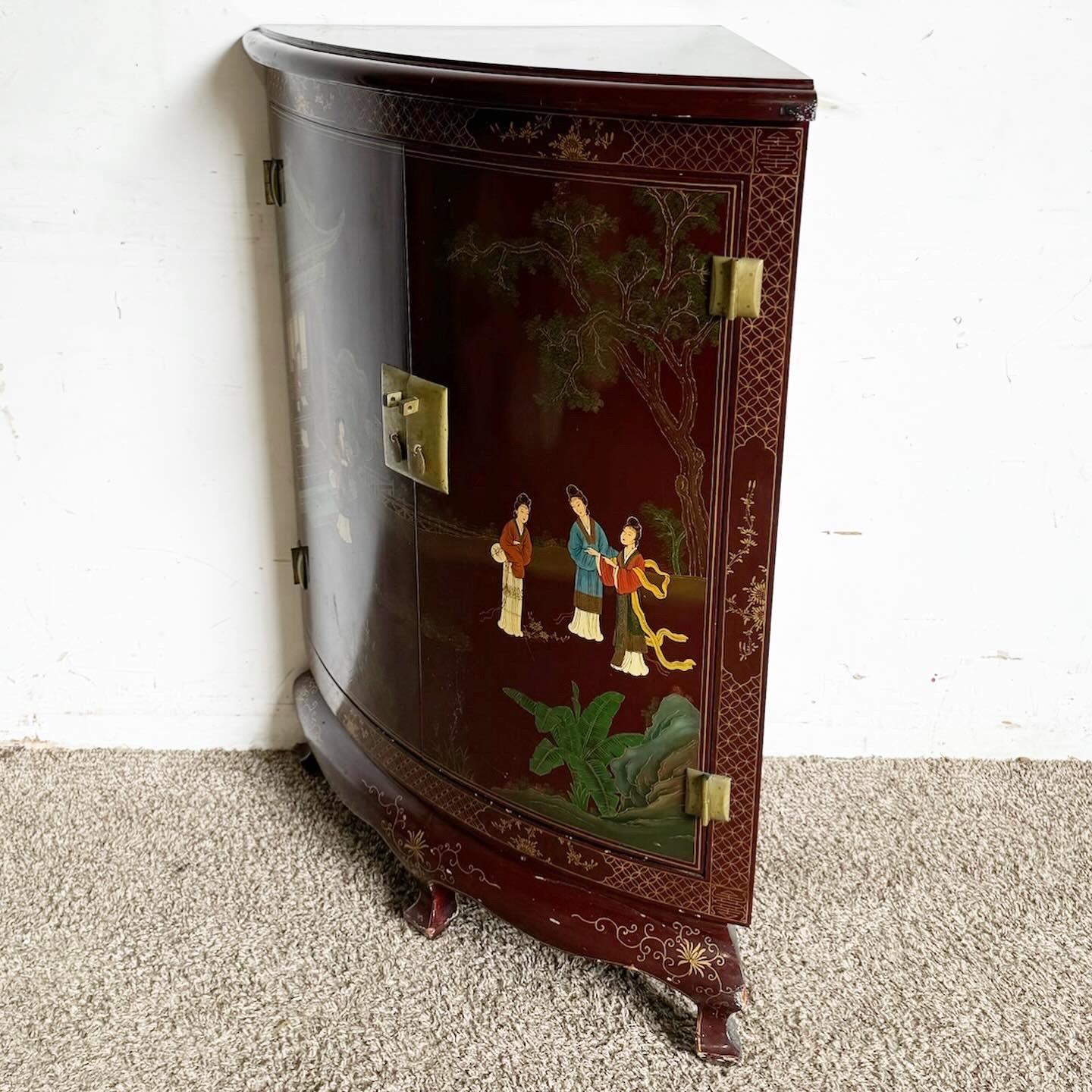 Chinese Lacquered and Hand Painted Demi Lune Cabinet/Side Table 1