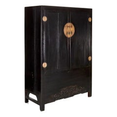 Chinese Lacquered Armoire With Dragon Motif and Brass Hardware