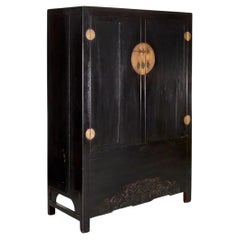 Chinese Lacquered Armoire With Dragon Motif and Brass Hardware