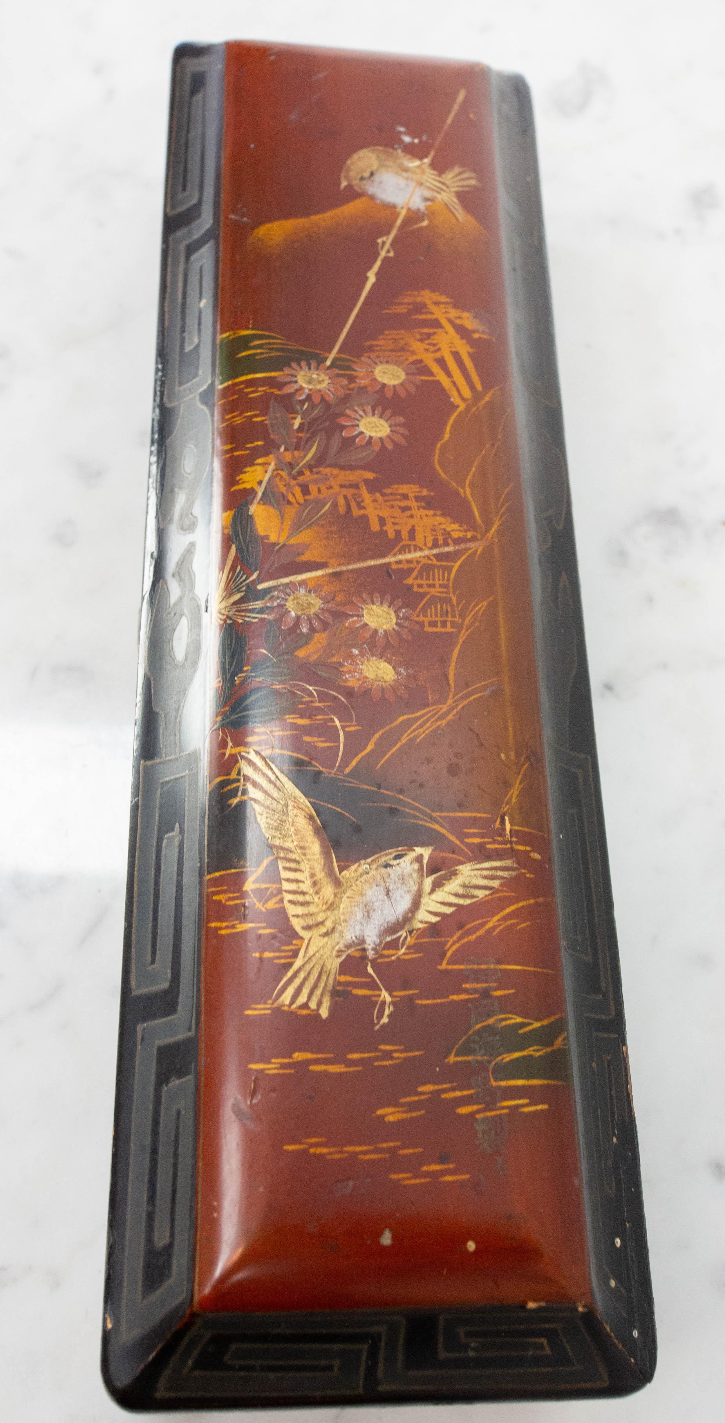Wood Chinese Lacquered Brush Box with Painted Birds, Late 19th Century For Sale