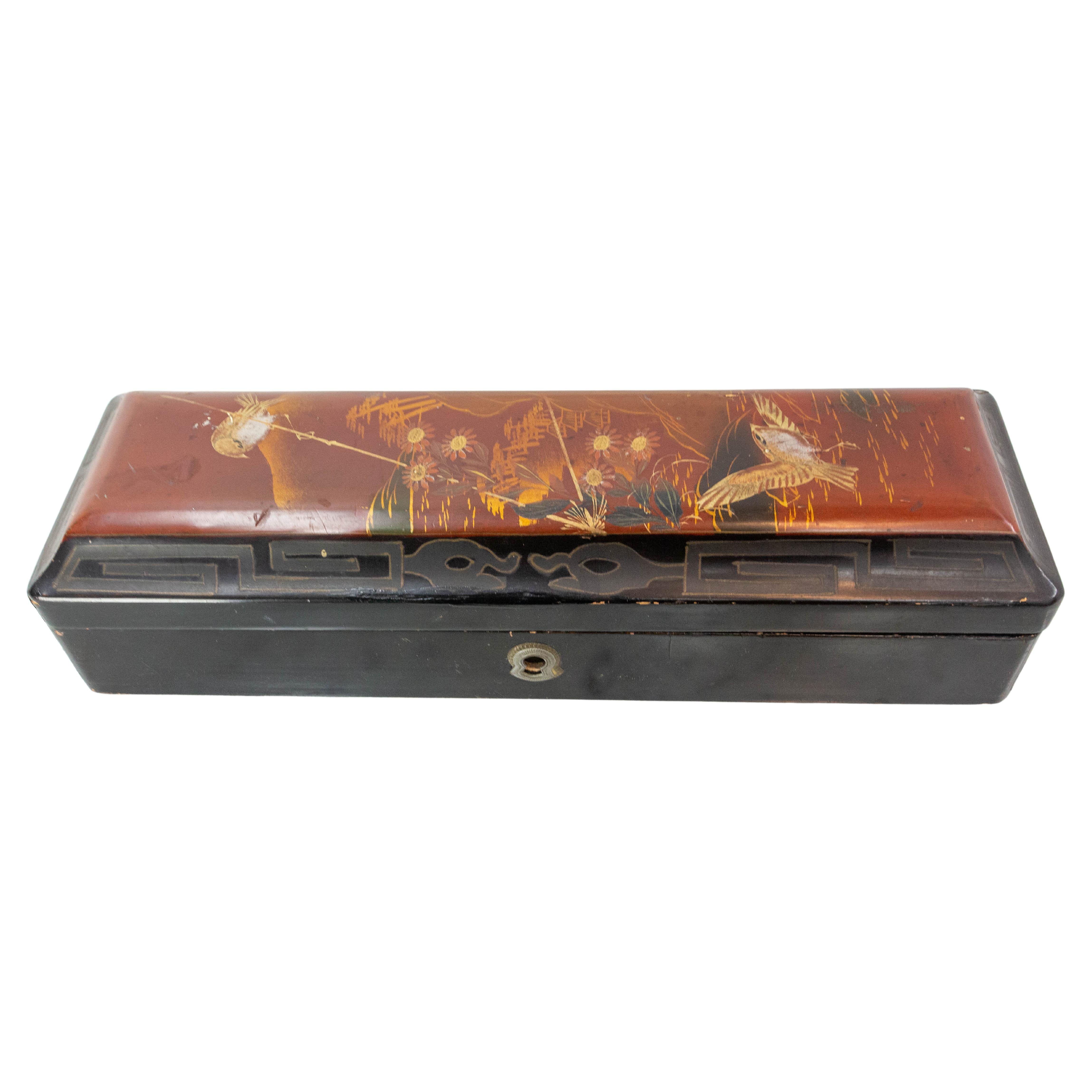 Chinese Lacquered Brush Box with Painted Birds, Late 19th Century