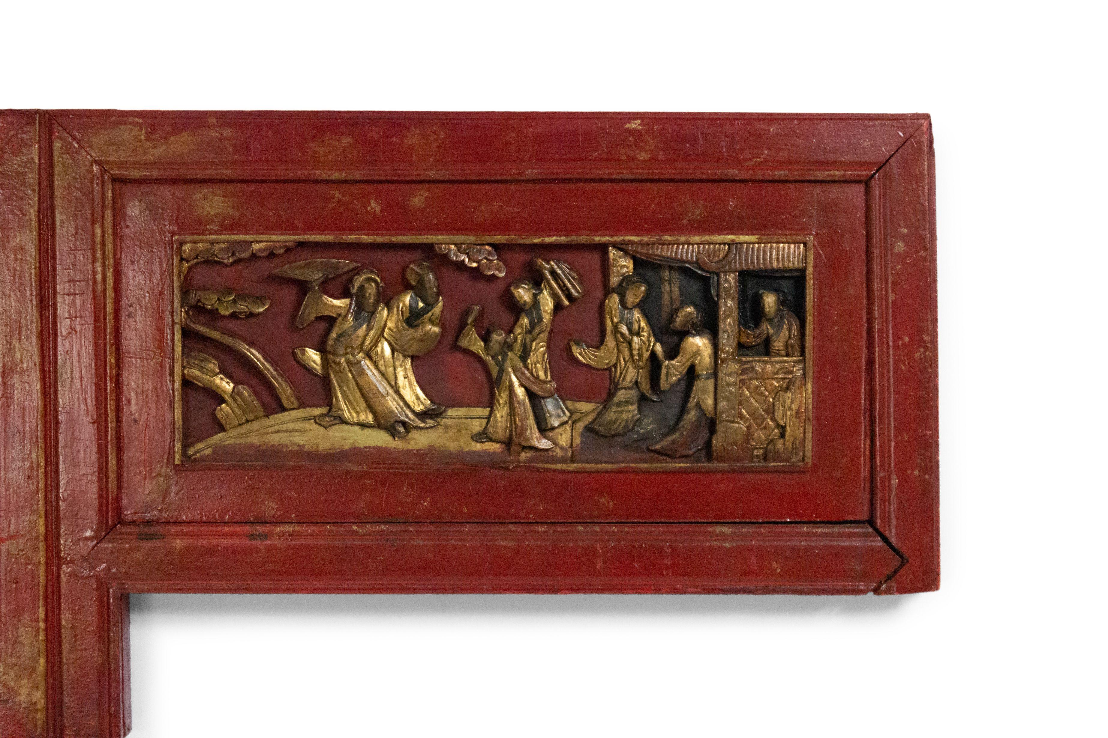 Asian Chinese style (19th century) red lacquer and gilt trimmed wall carving with filigree & carved panels with scenes with figures.
 