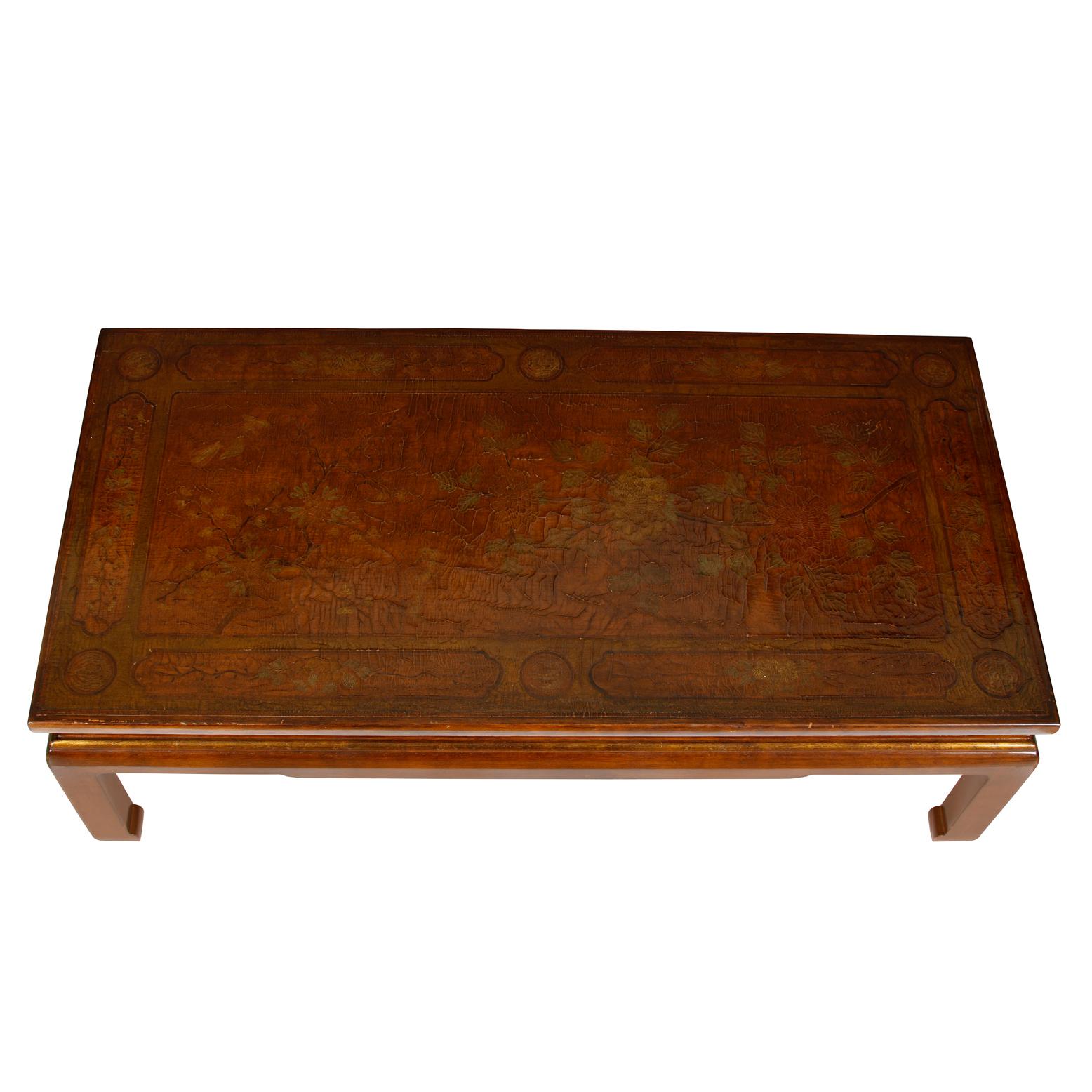 Chinoiserie Chinese Lacquered Coffee Table in Caramel