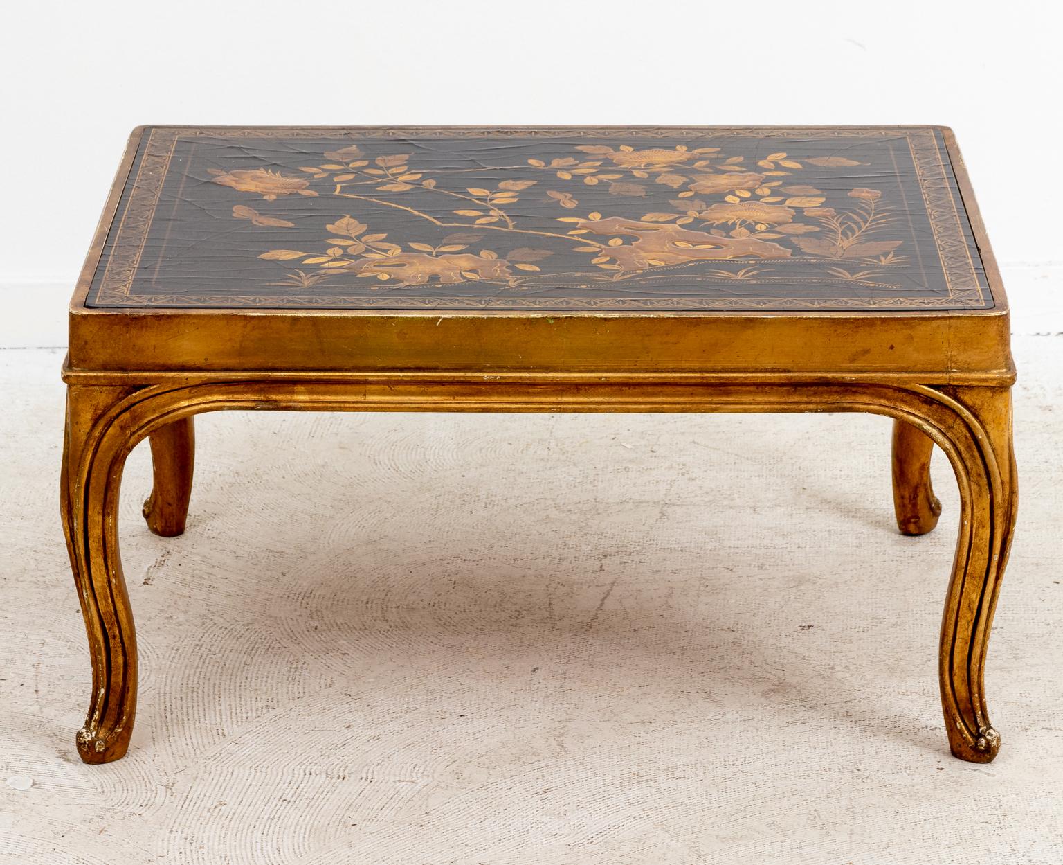 Chinese Lacquered Coffee Table with Floral Tabletop In Good Condition In Stamford, CT