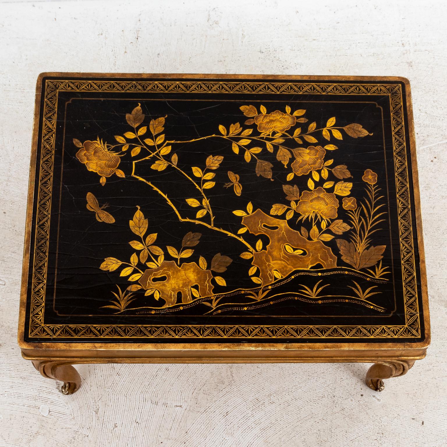 20th Century Chinese Lacquered Coffee Table with Floral Tabletop