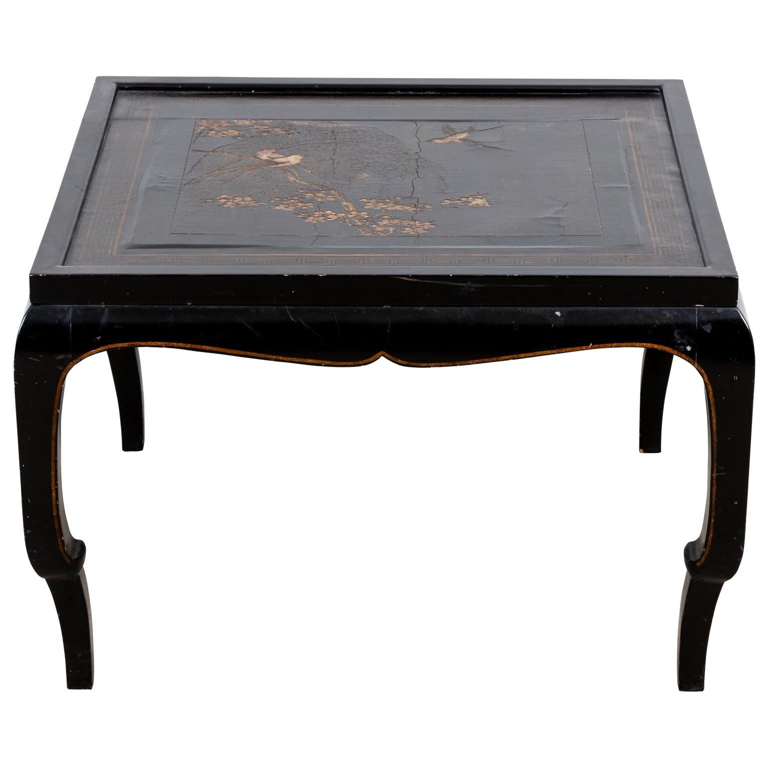 Vintage Chinese Black Lacquer Folding Wood and Mother of Pearl Coffee