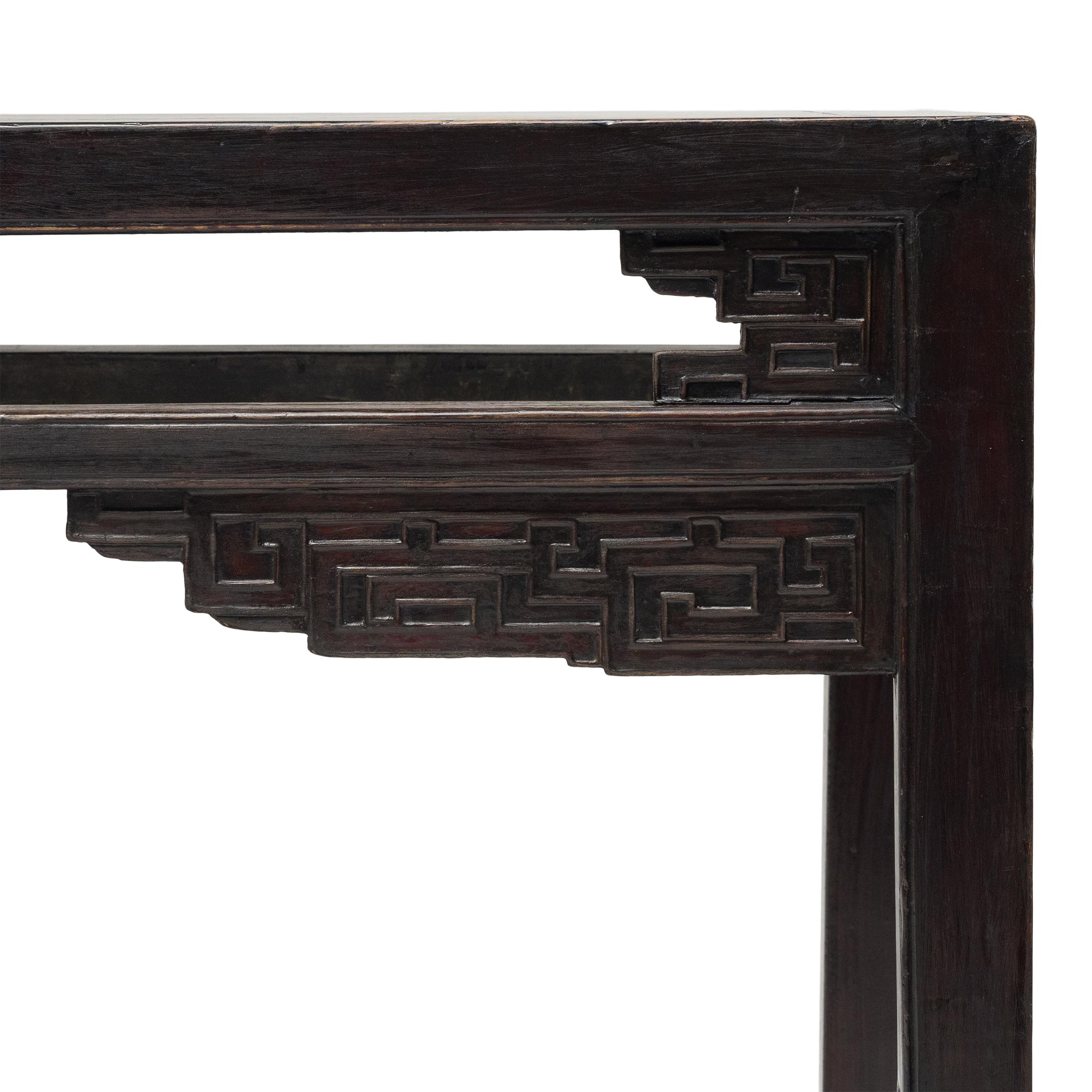 Chinese Lacquered Console Table with Scroll Spandrels, c. 1900 In Good Condition For Sale In Chicago, IL