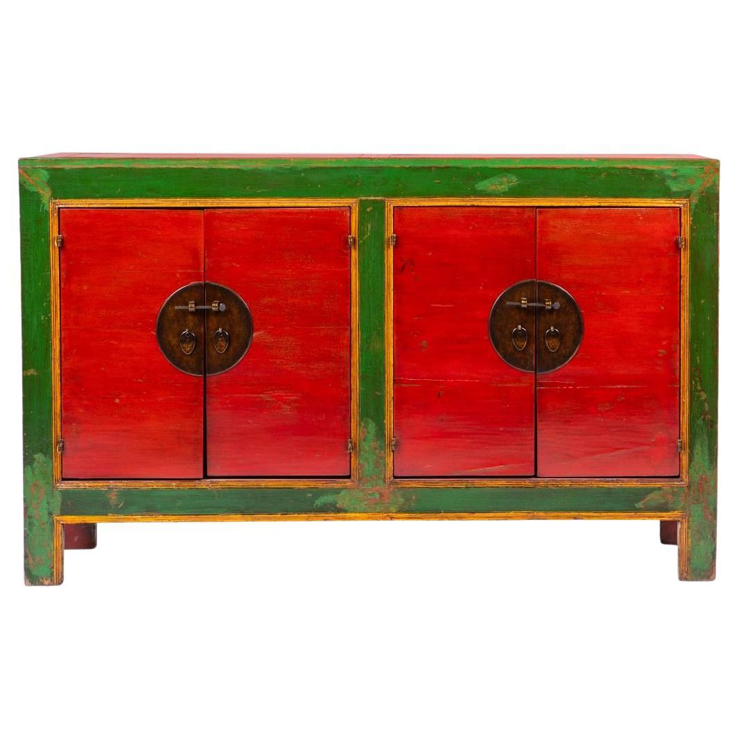 Chinesisches Sideboard aus lackiertem Ulmenholz in Rot, Grün und Gelb