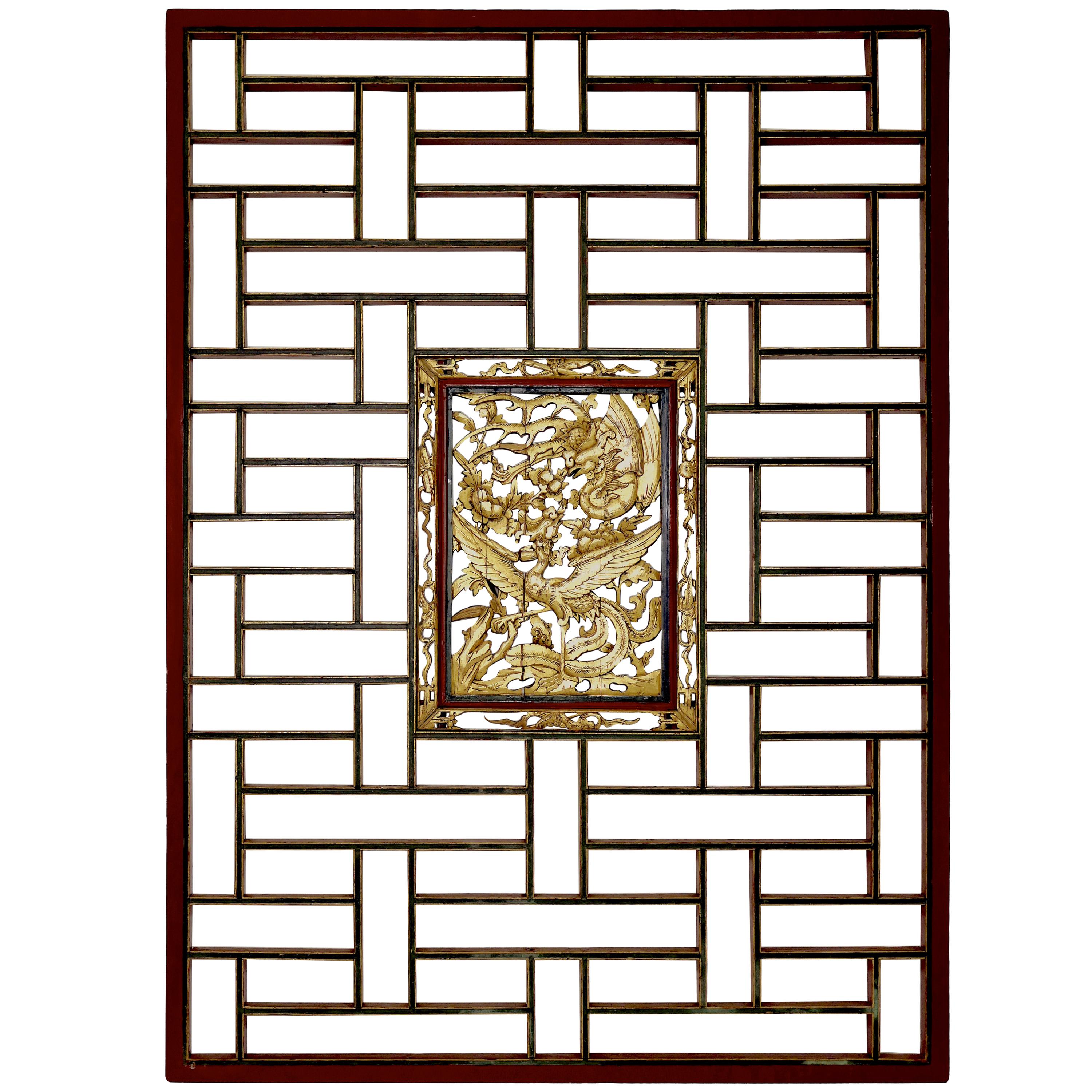 Huge Chinese Lacquered 22K Giltwood Architectural Carved Panel Lattice, 19th c. For Sale