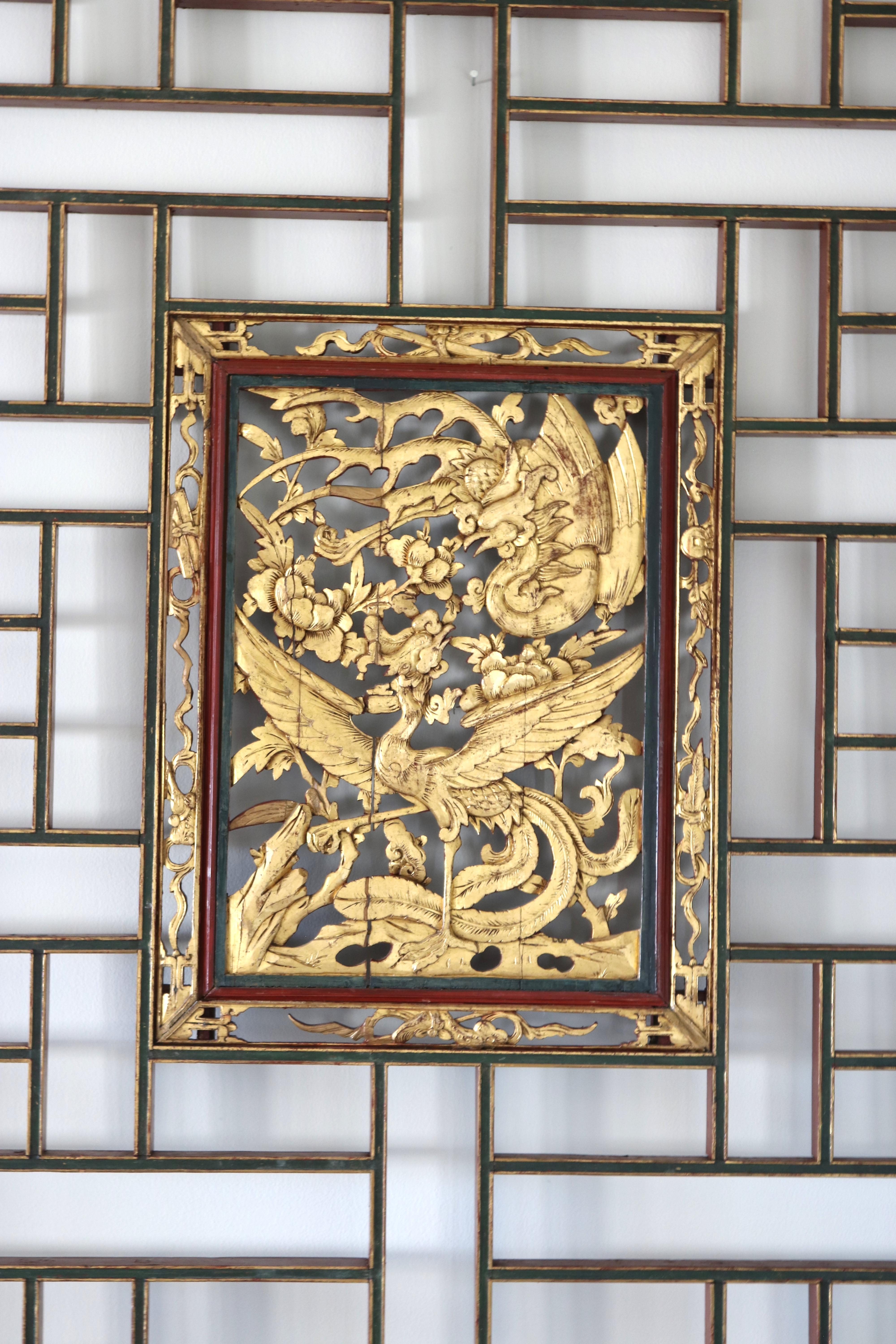 Asian Huge Chinese Lacquered 22K Giltwood Architectural Carved Panel Lattice, 19th c. For Sale