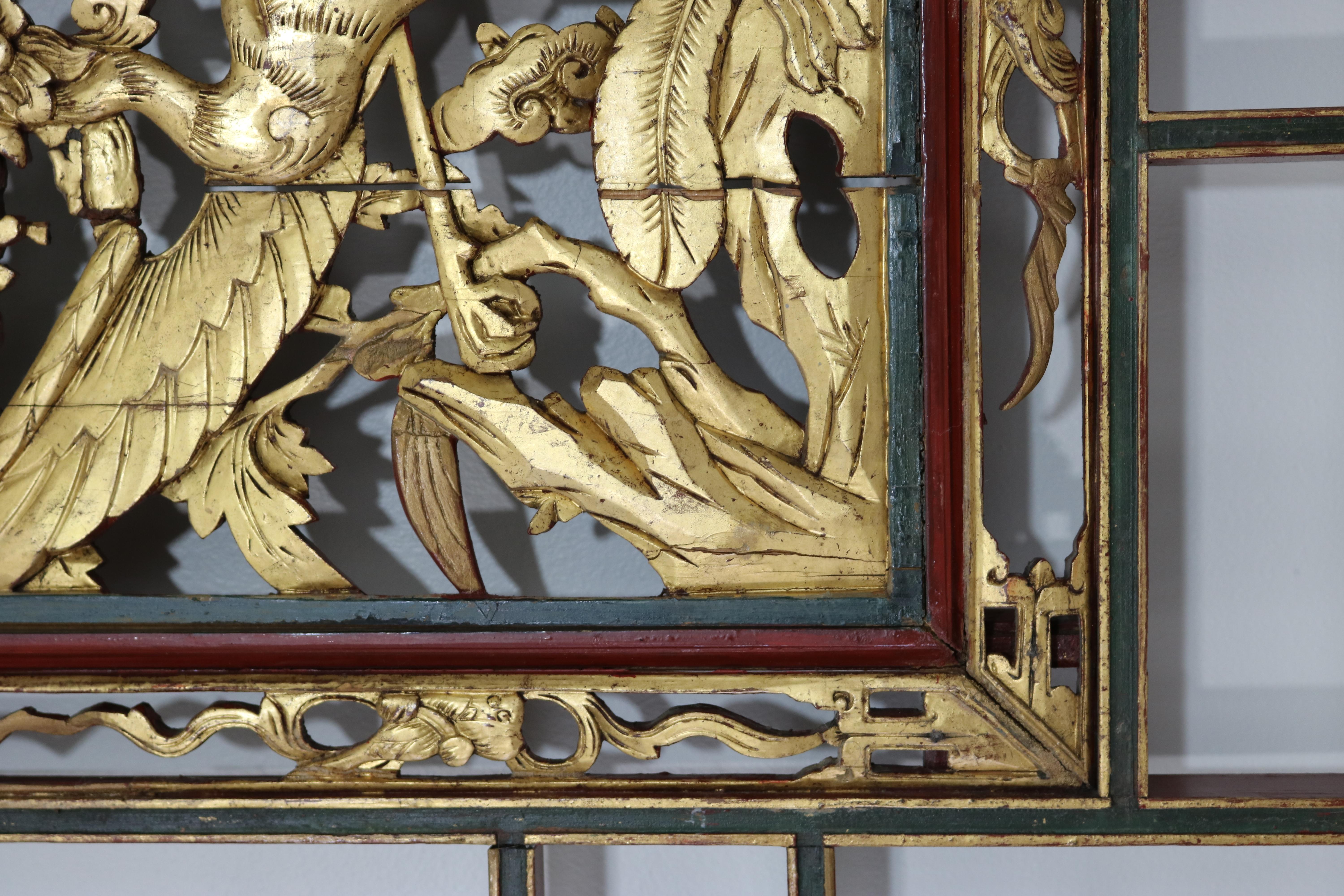 Wood Huge Chinese Lacquered 22K Giltwood Architectural Carved Panel Lattice, 19th c. For Sale