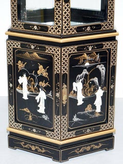 Chinese Lacquered Hand-Painted Gold Leaf Mother-of-Pearl Inlay Display Cabinet