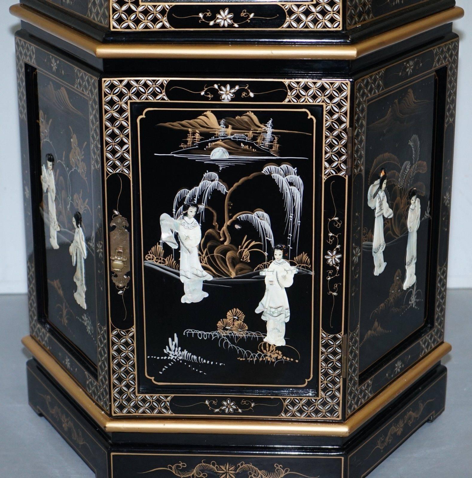 Glass Chinese Lacquered Hand-Painted Gold Leaf Mother-of-Pearl Inlay Display Cabinet