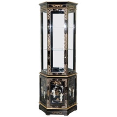 Chinese Lacquered Hand-Painted Gold Leaf Mother-of-Pearl Inlay Display Cabinet