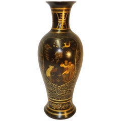 Chinese Lacquered Hardwood Vase Depicting Birds and Flowers, circa 1900
