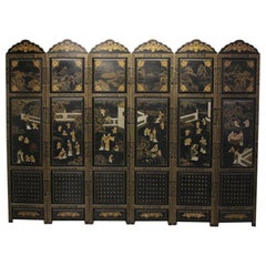 Vintage Chinese Lacquered Six Panel Screen