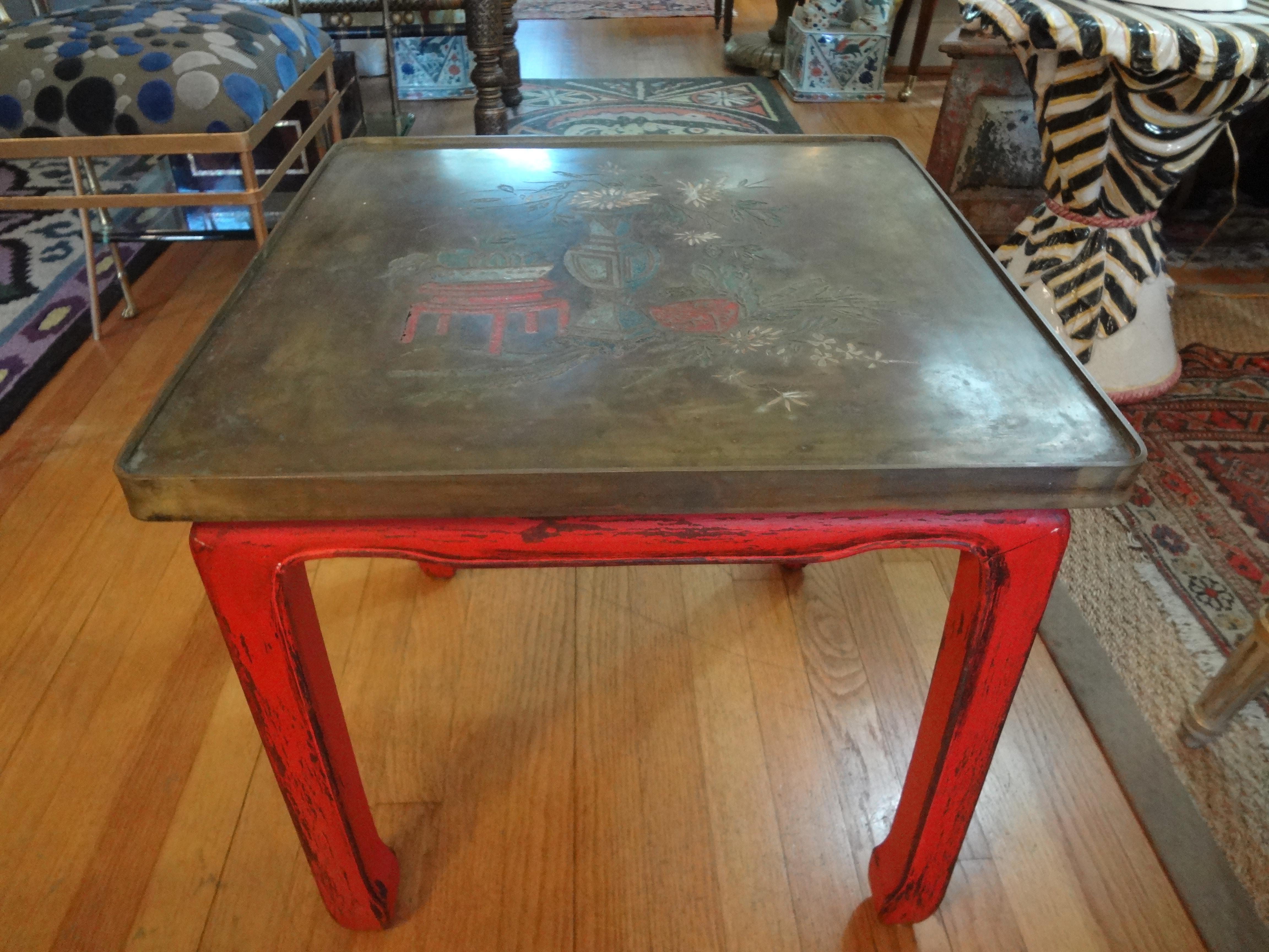 Chinese Lacquered Table with Etched Bronze Top After Philip and Kelvin La Verne For Sale 3
