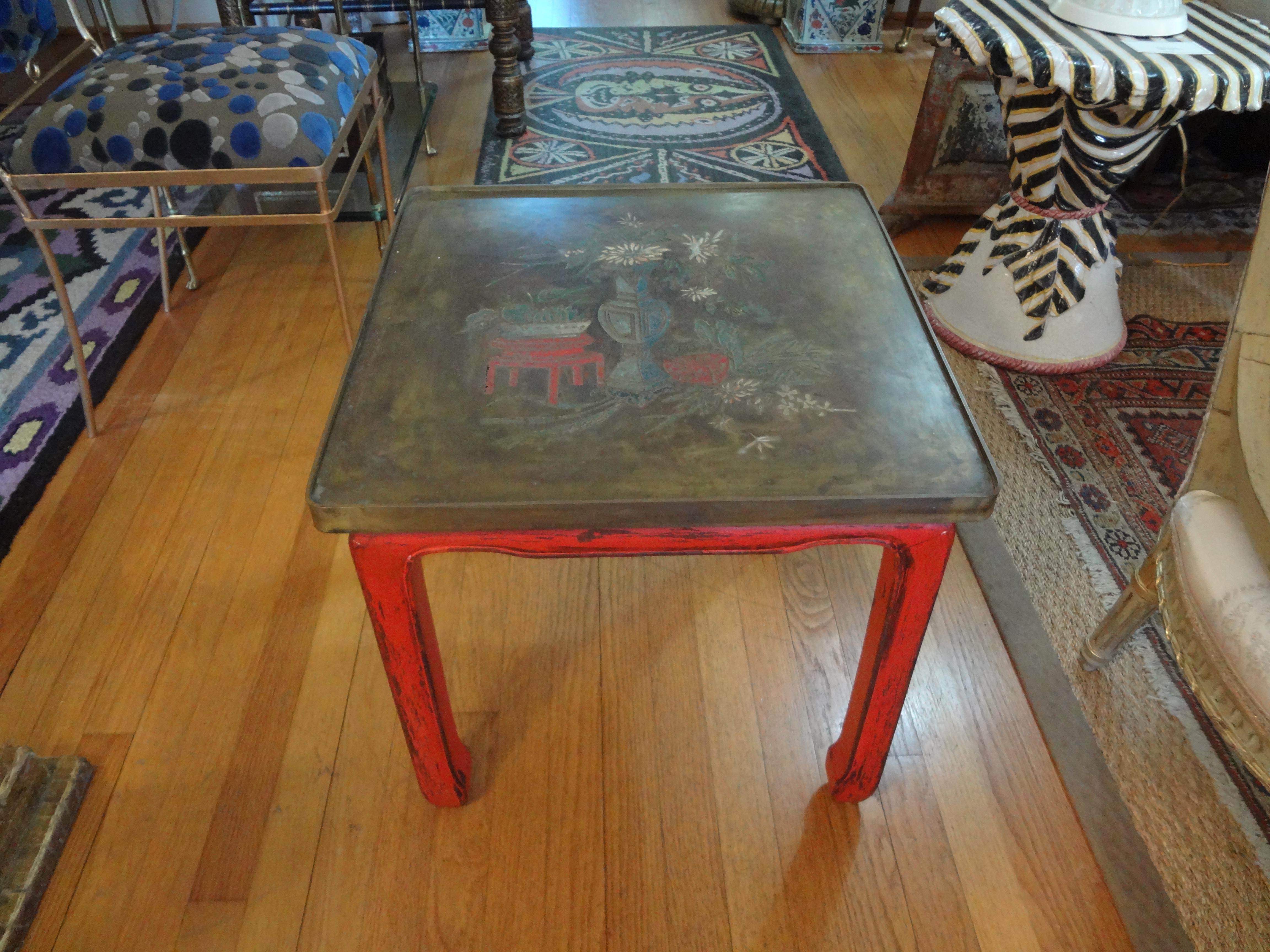Chinoiserie Chinese Lacquered Table with Etched Bronze Top After Philip and Kelvin La Verne For Sale