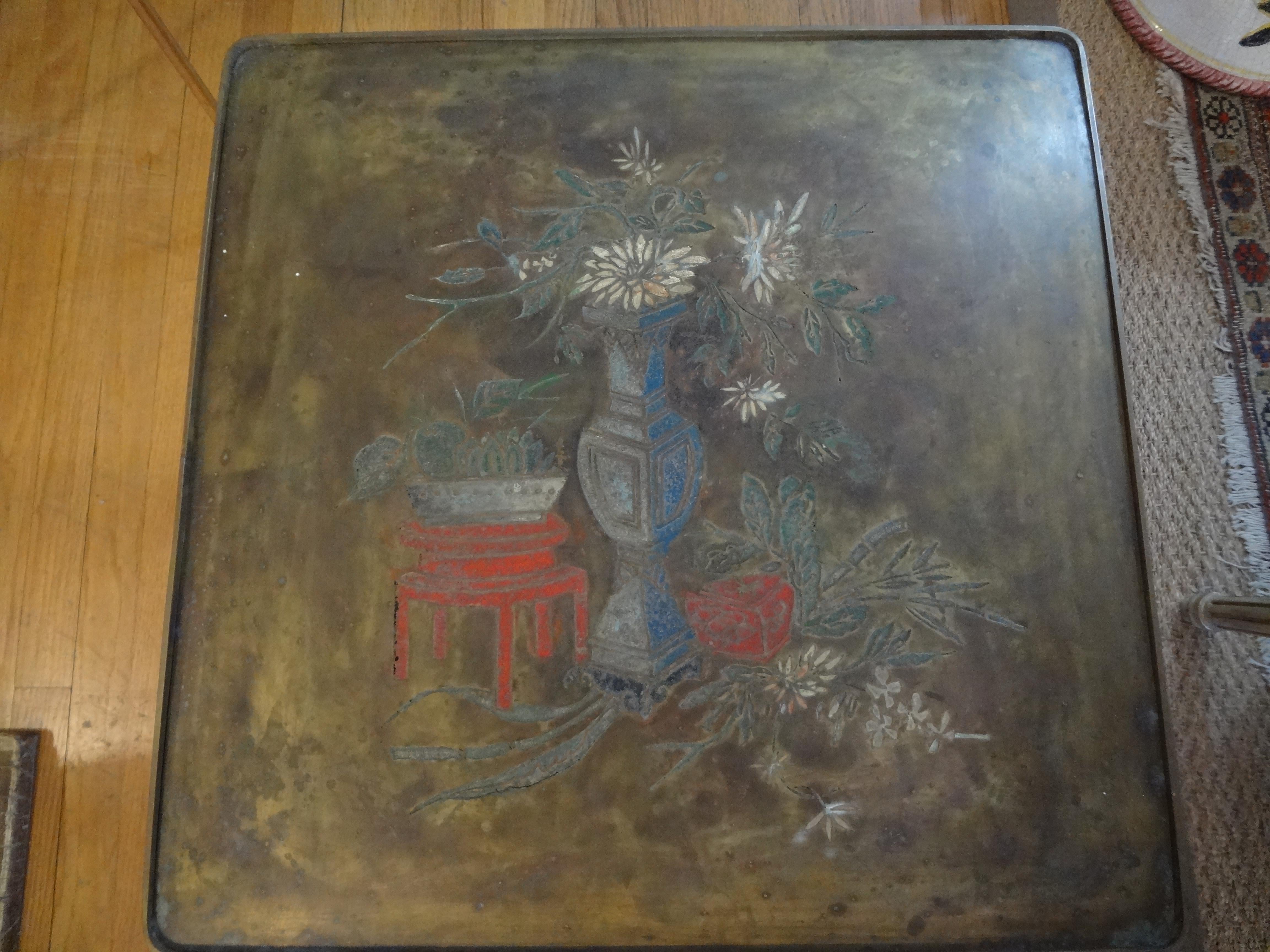 Chinese Lacquered Table with Etched Bronze Top After Philip and Kelvin La Verne In Good Condition For Sale In Houston, TX