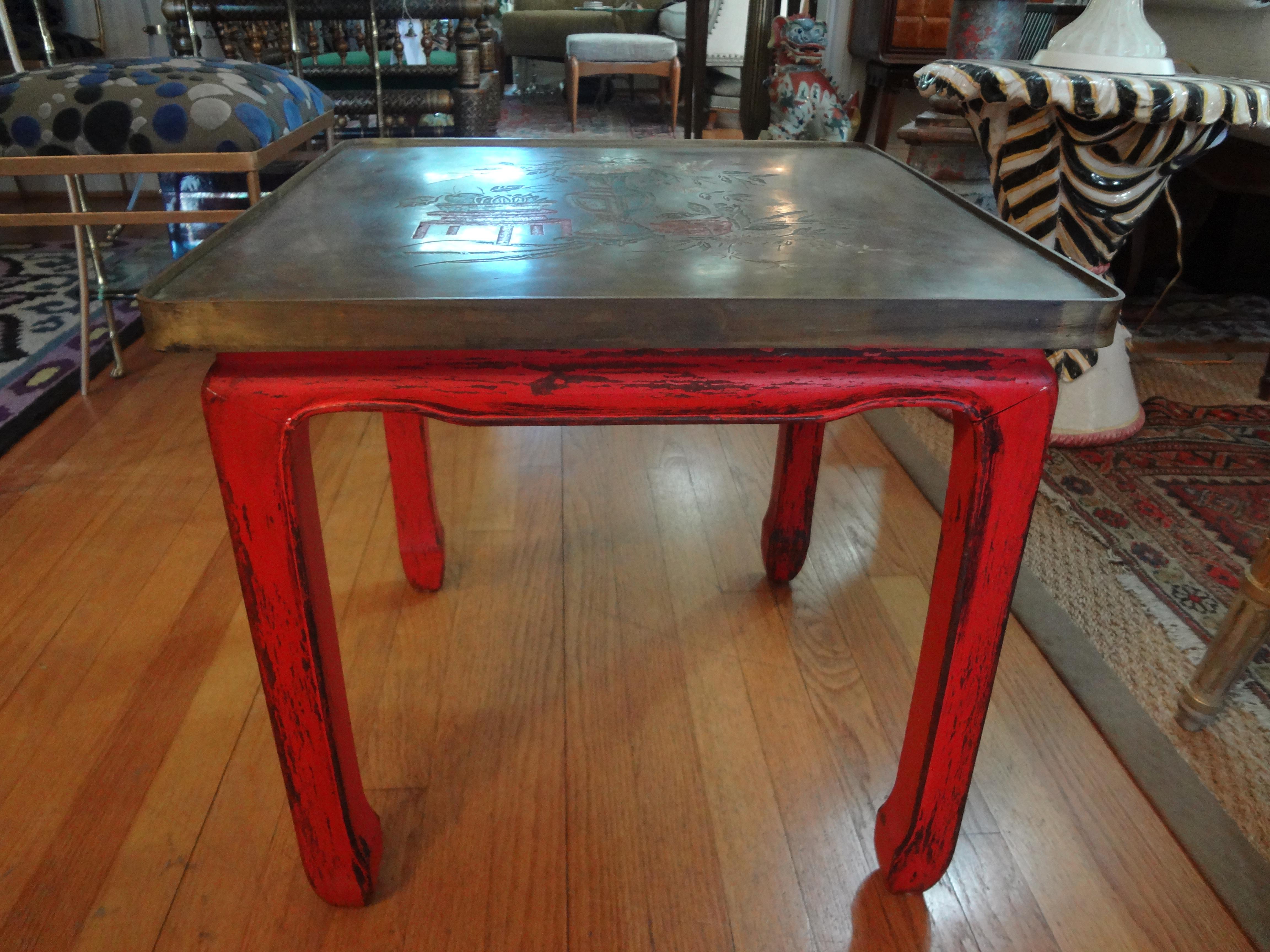 Mid-20th Century Chinese Lacquered Table with Etched Bronze Top After Philip and Kelvin La Verne For Sale