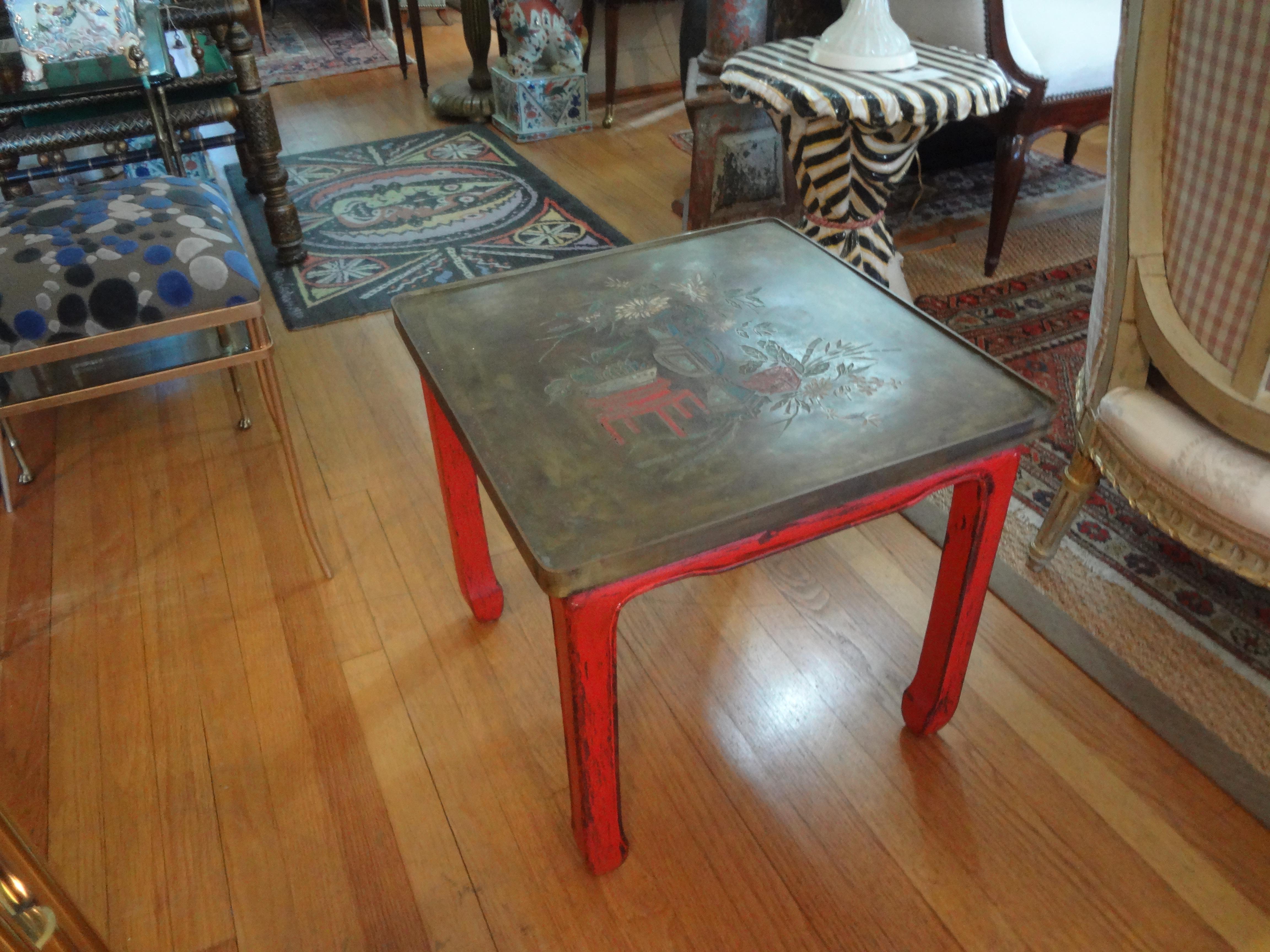 Chinese Lacquered Table with Etched Bronze Top After Philip and Kelvin La Verne For Sale 1