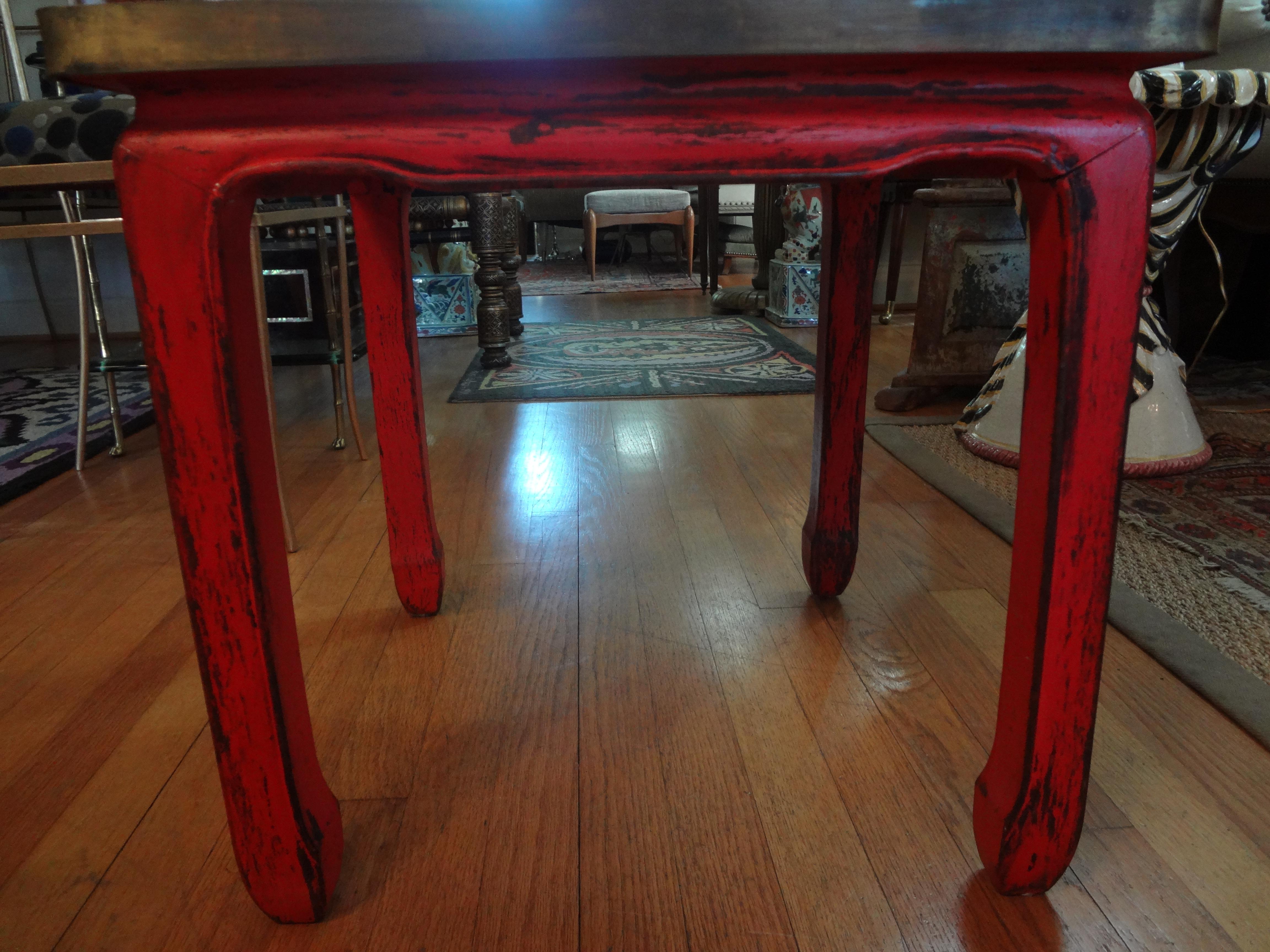 Mid-20th Century Chinese Lacquered Table with Etched Bronze Top After Philip and Kelvin La Verne For Sale