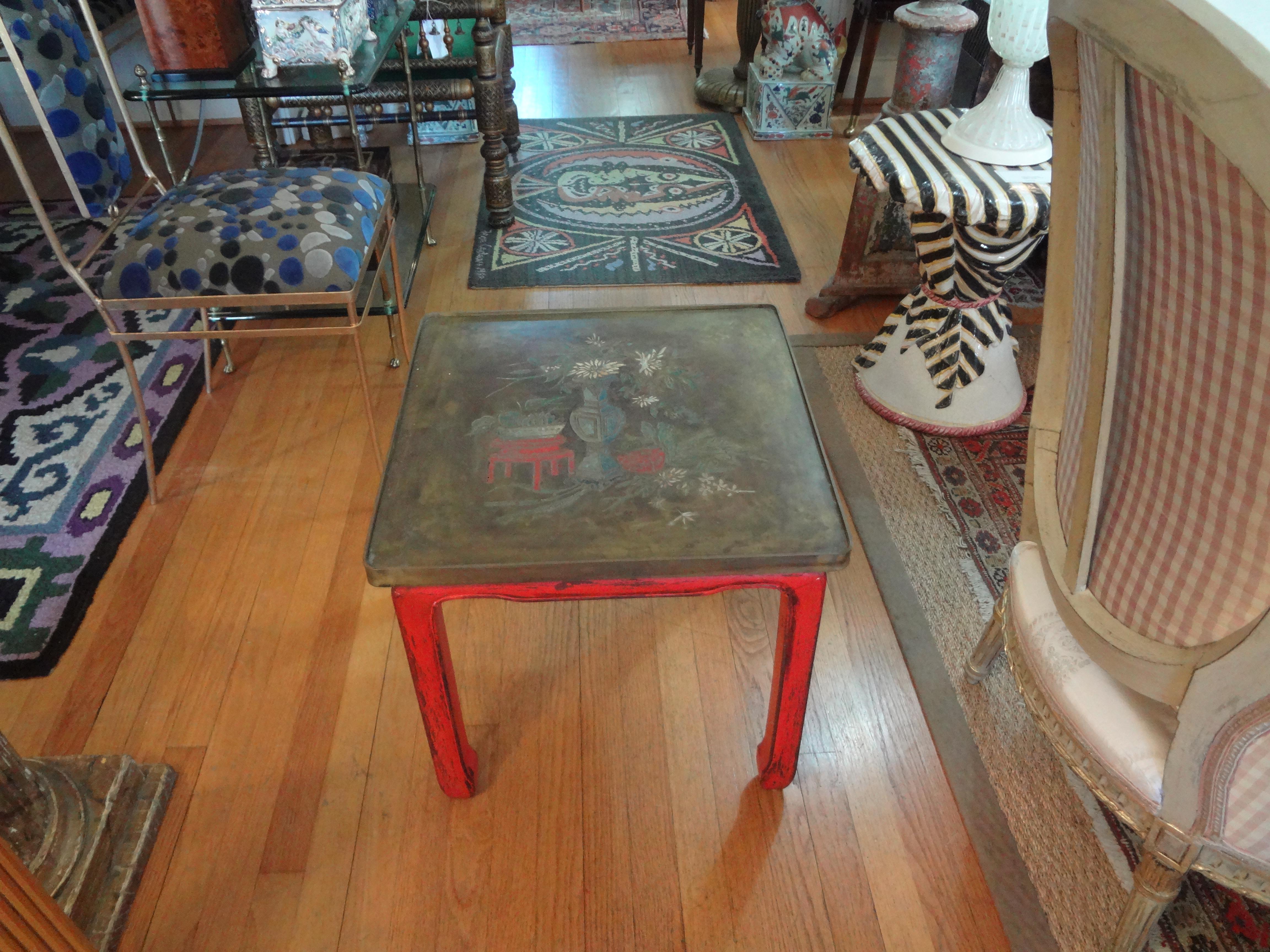 Chinese Lacquered Table with Etched Bronze Top After Philip and Kelvin La Verne For Sale 3