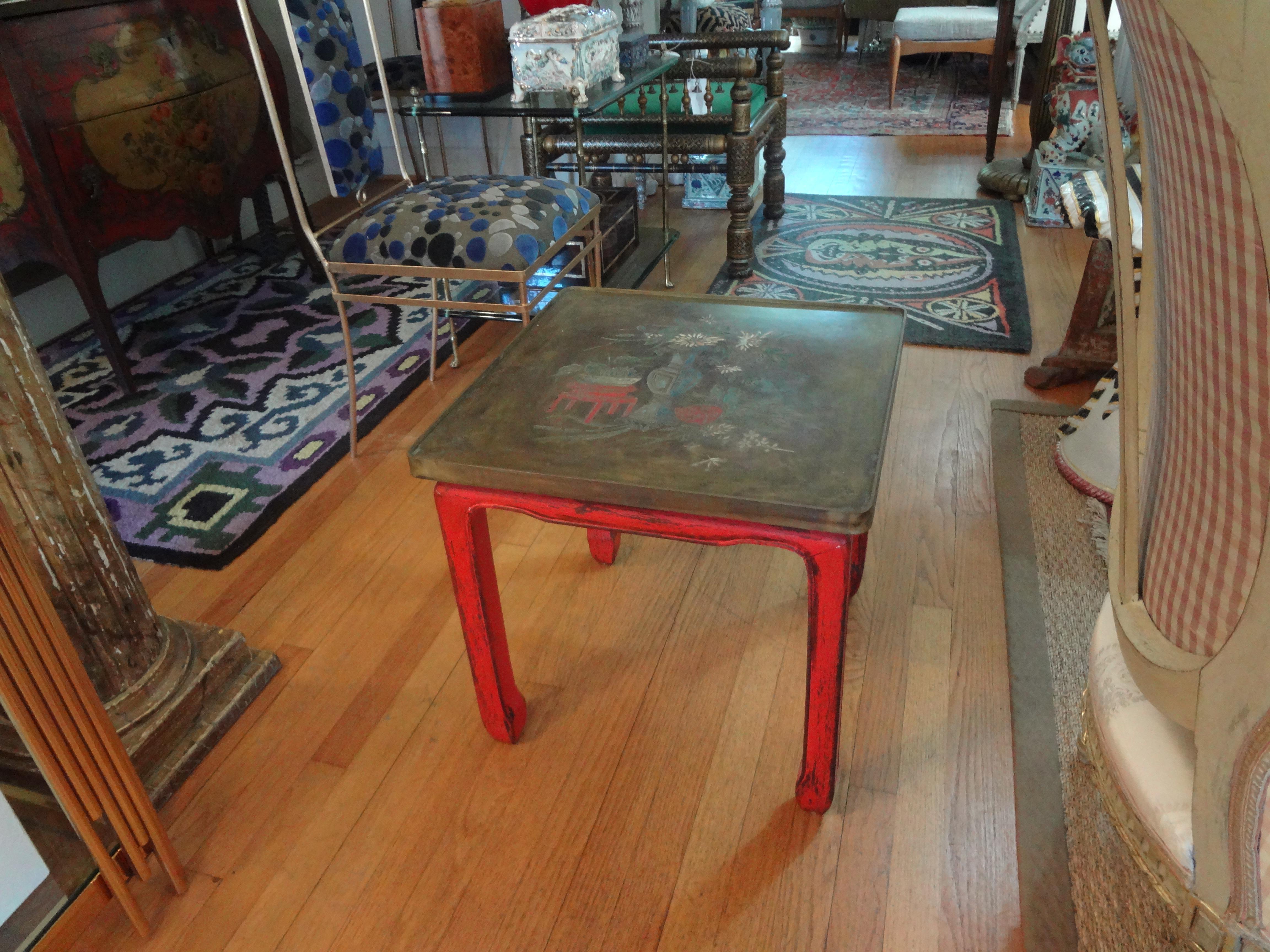 Chinese Lacquered Table with Etched Bronze Top After Philip and Kelvin La Verne For Sale 4