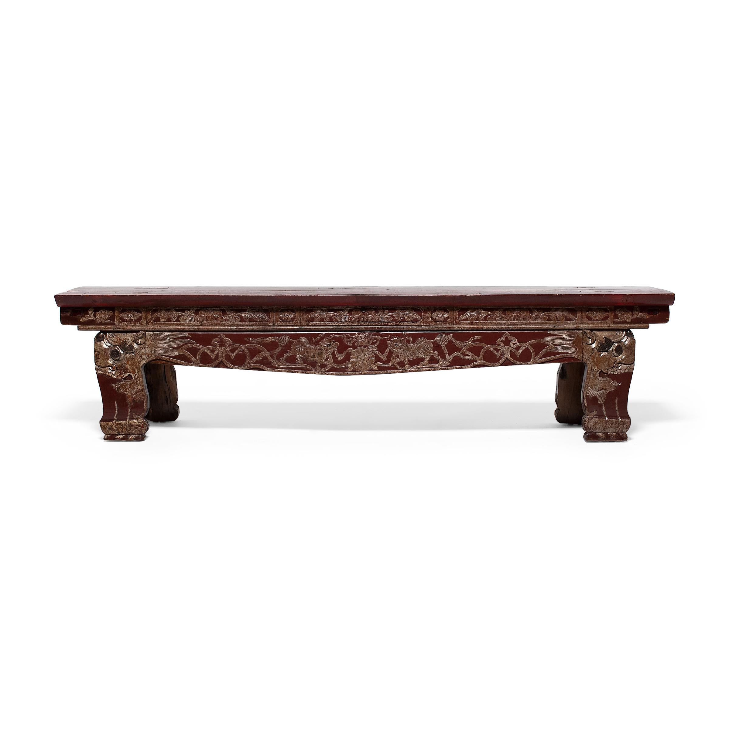 Carved Chinese Lacquered Theater Bench with Dragon Carvings, c. 1850 For Sale