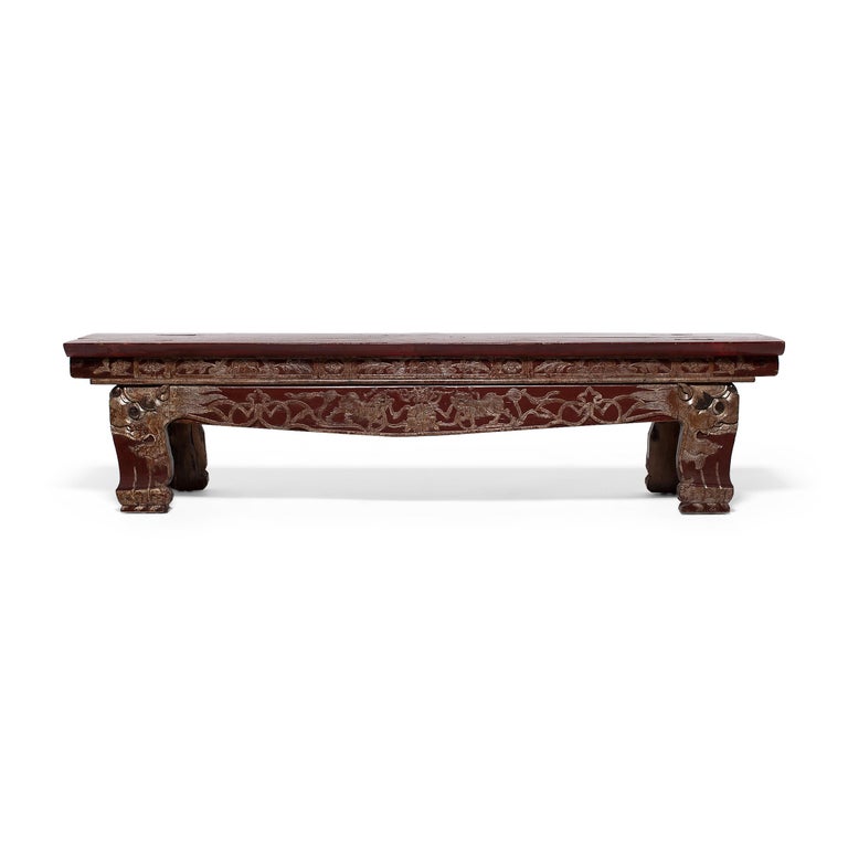 Carved Chinese Lacquered Theater Bench with Fu Dog Carvings, c. 1850 For Sale