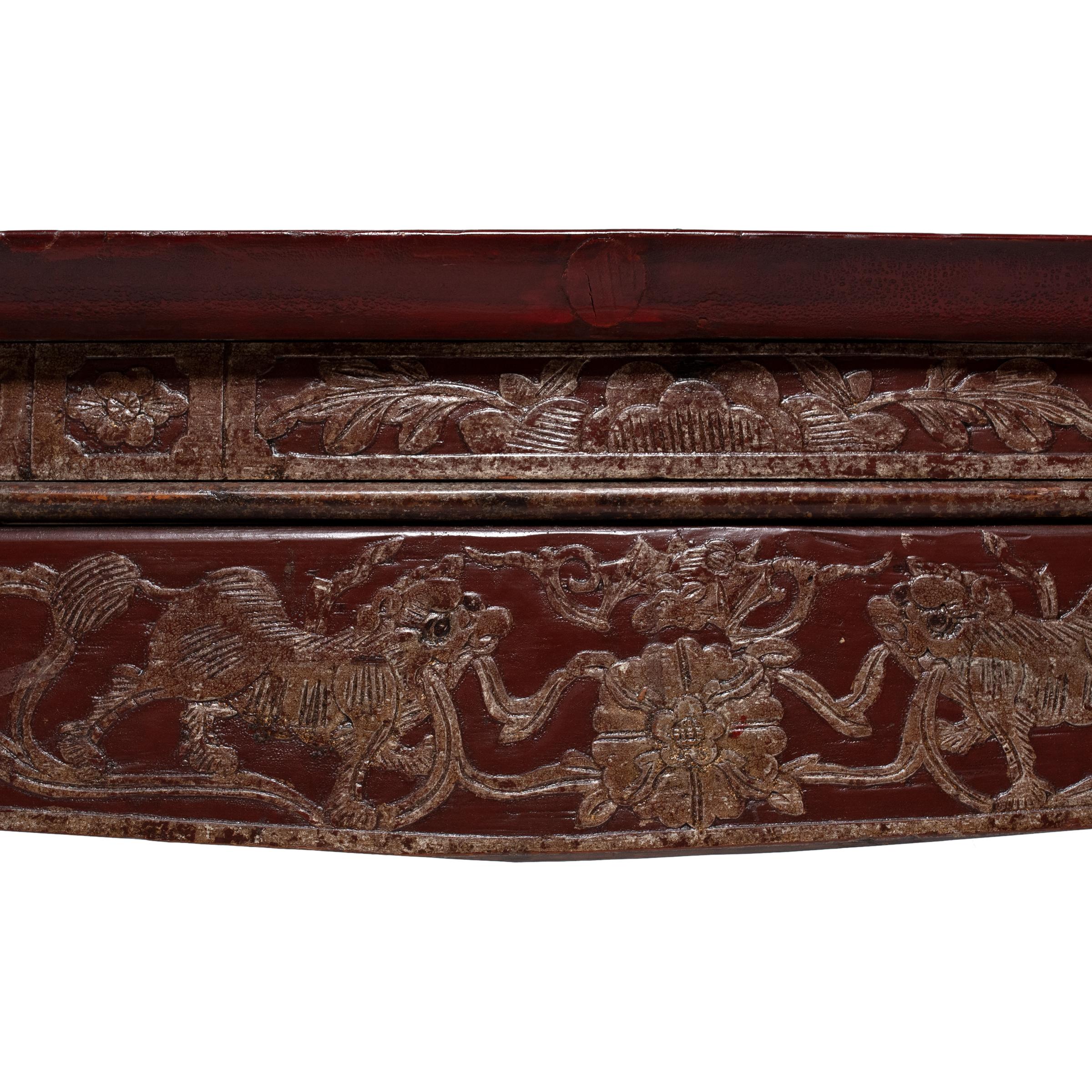 Elm Chinese Lacquered Theater Bench with Dragon Carvings, c. 1850 For Sale