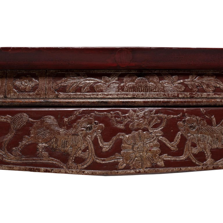 Elm Chinese Lacquered Theater Bench with Fu Dog Carvings, c. 1850 For Sale