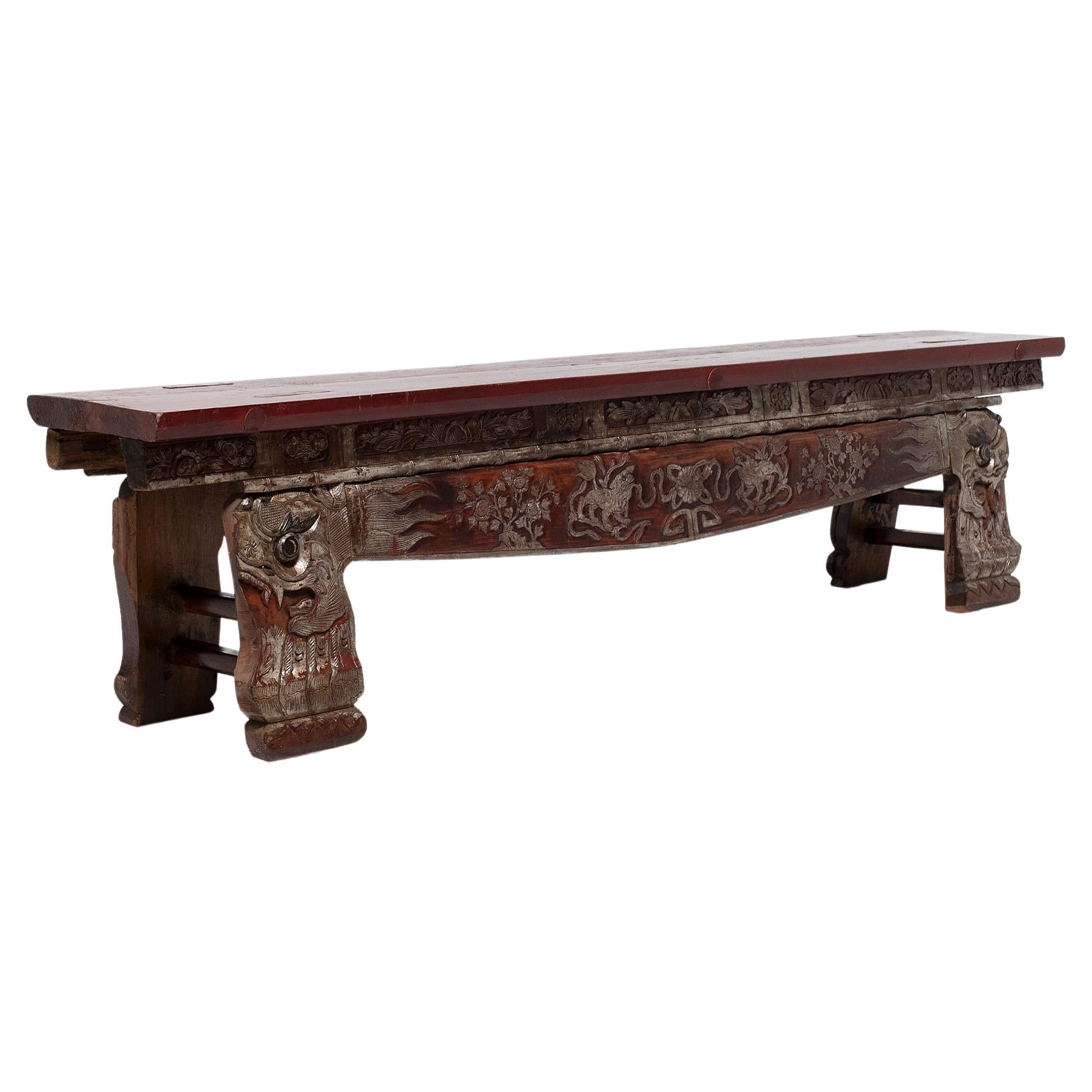 Chinese Lacquered Theater Bench with Dragon Carvings, c. 1850 For Sale